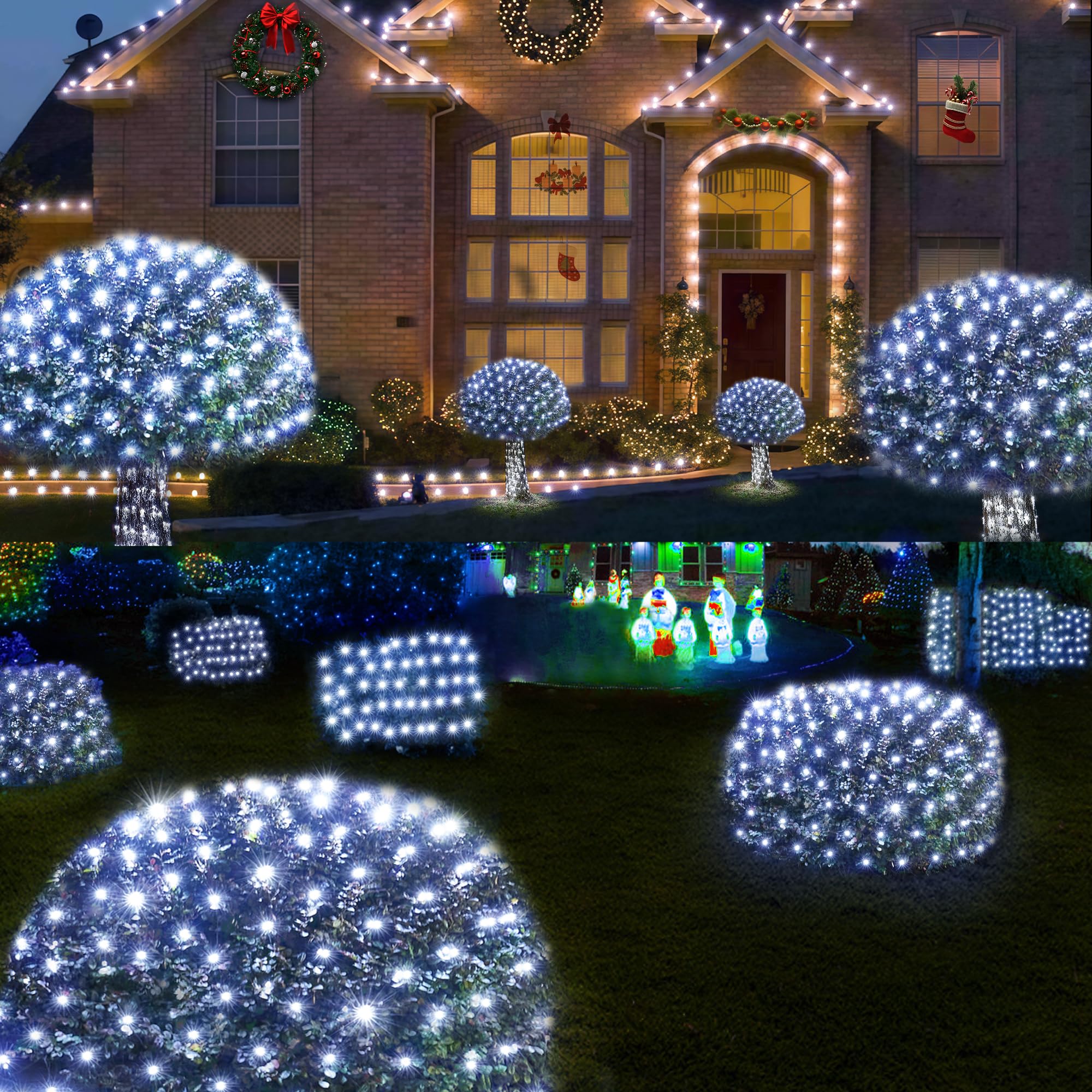 Wbao Solar Christmas Net Lights, 200Led 8.4Ft X 5.2Ft Christmas Bush Lights With Remote, 8 Lighting Modes, Timer, Waterproof Des