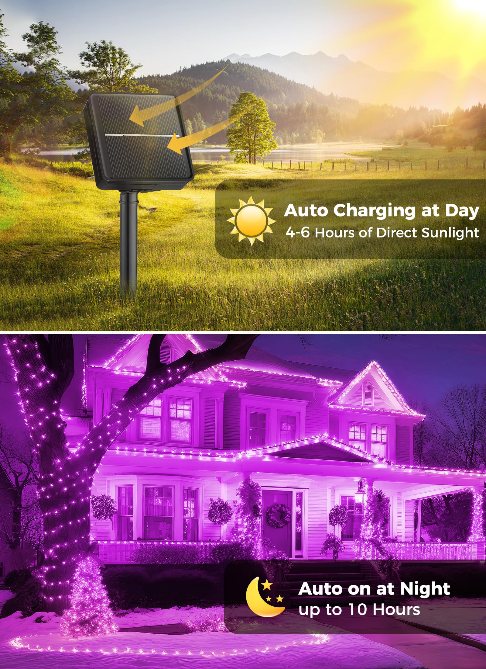 Brightown 2-Pack 400Led 170Ft Total Halloween Solar Outdoor Lights Ip65 Waterproof Solar Powered Lights With 8 Lighting Modes For Party Garden Yard Home Holiday Tree Decoration Lighting Purple