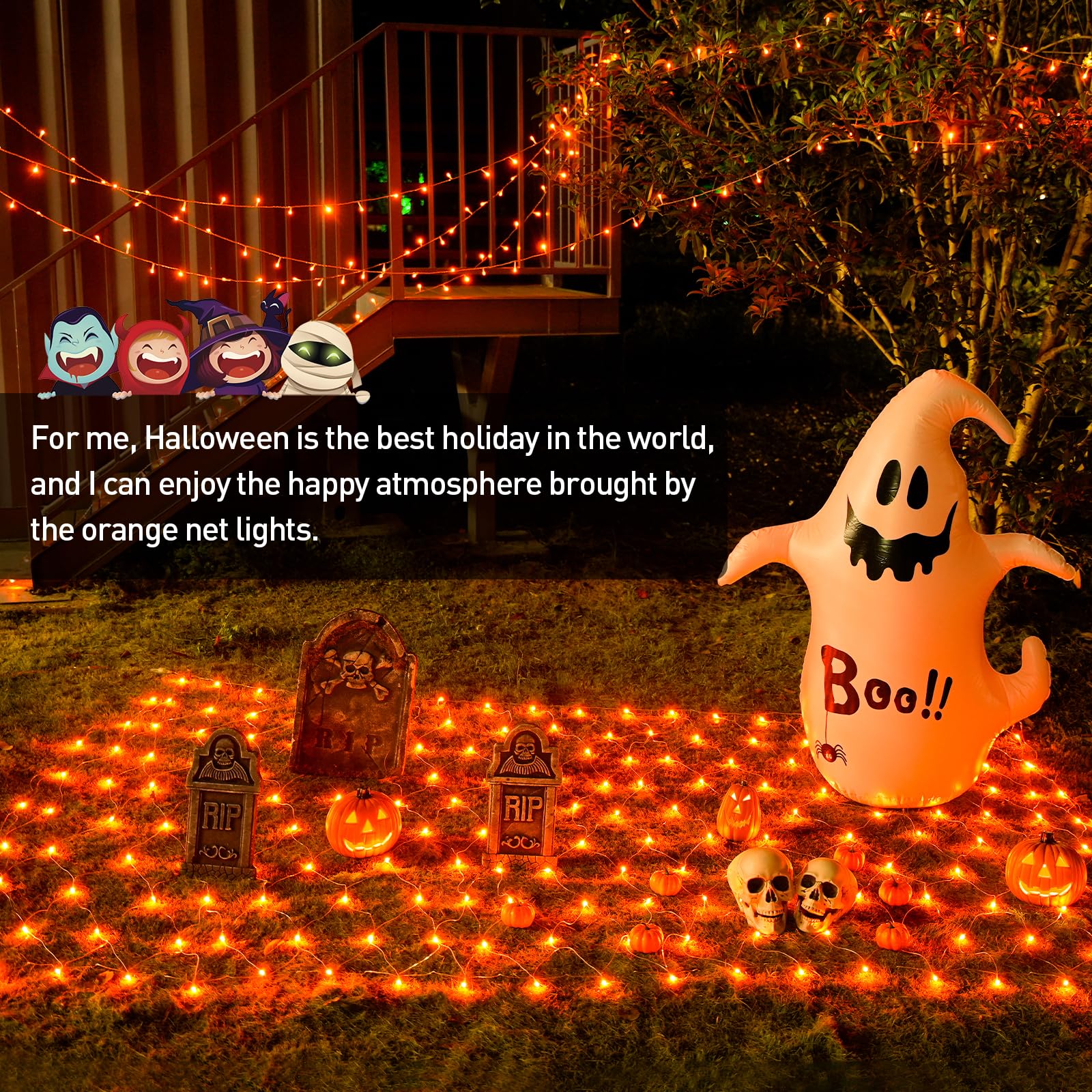 JMEXSUSS Halloween Net Lights, 200 LED, 9.8ft x 6.6ft, Orange, Waterproof, Remote, 8 Modes, Model EXS-N-0200