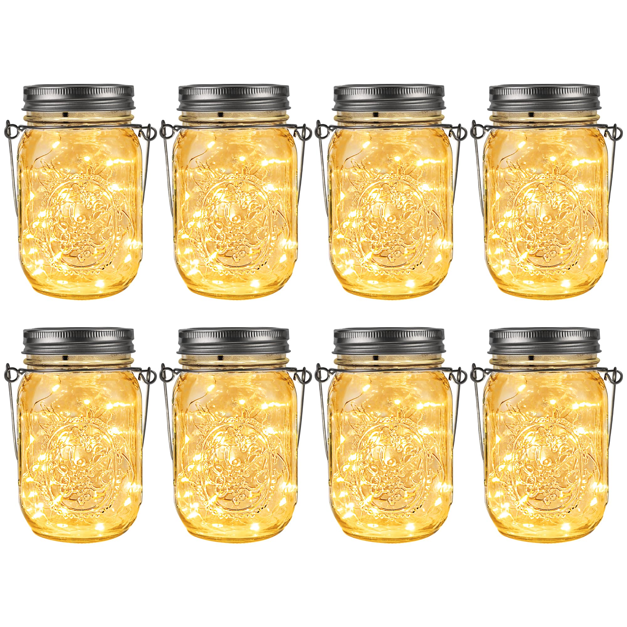GIGALUMI Solar Mason Jar Lights, 8 Pack 30 Led String Fairy Lights Garden Lights Outdoor Waterproof Metal Lid Hanging Solar Lant