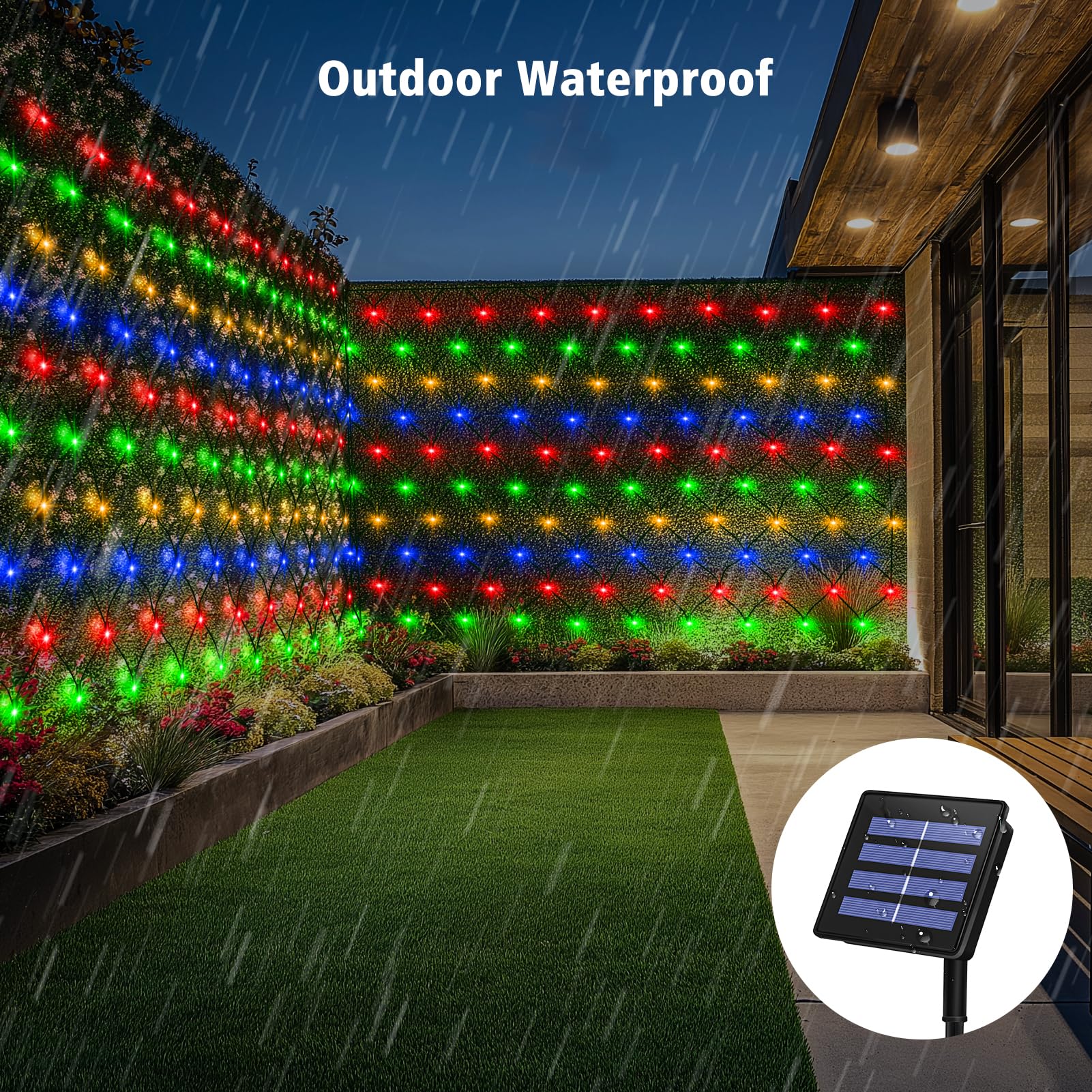echosari Solar Powered Net Lights, 200 LED, 9.8Ft x 6.6Ft, Dark Green Wire, 8 Modes, Multicolor