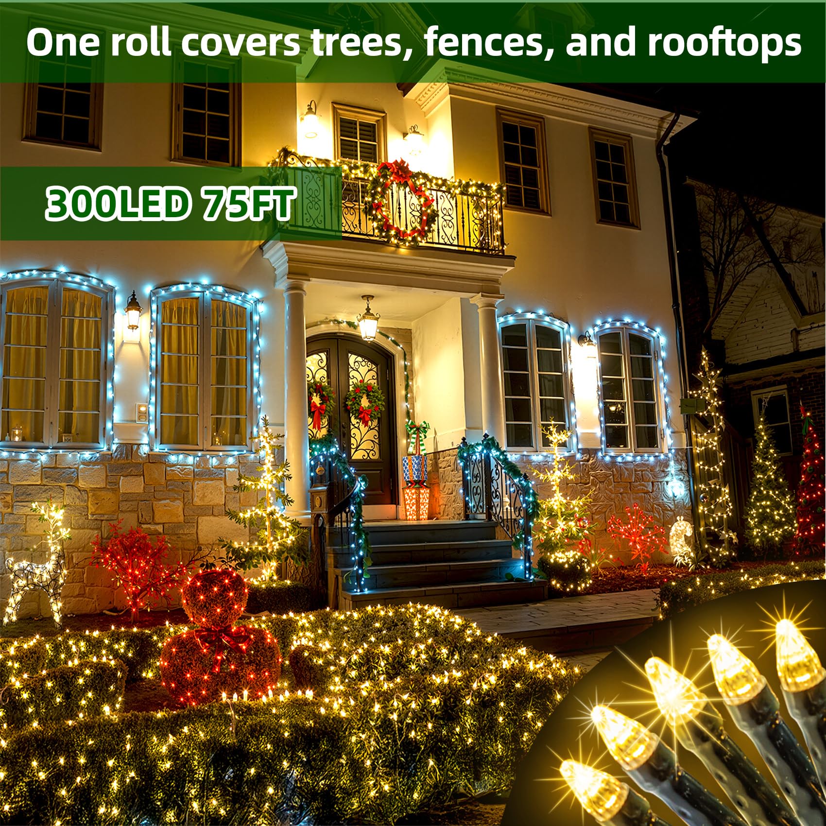 300Led Christmas Lights Outdoor Indoor Use  12 Lighting Modes 75Ft Christmas Tree Lights With Timer  Dimmable Warm White Led Stringlights Waterproof For Yard Tree Wedding Party Holiday Warm White