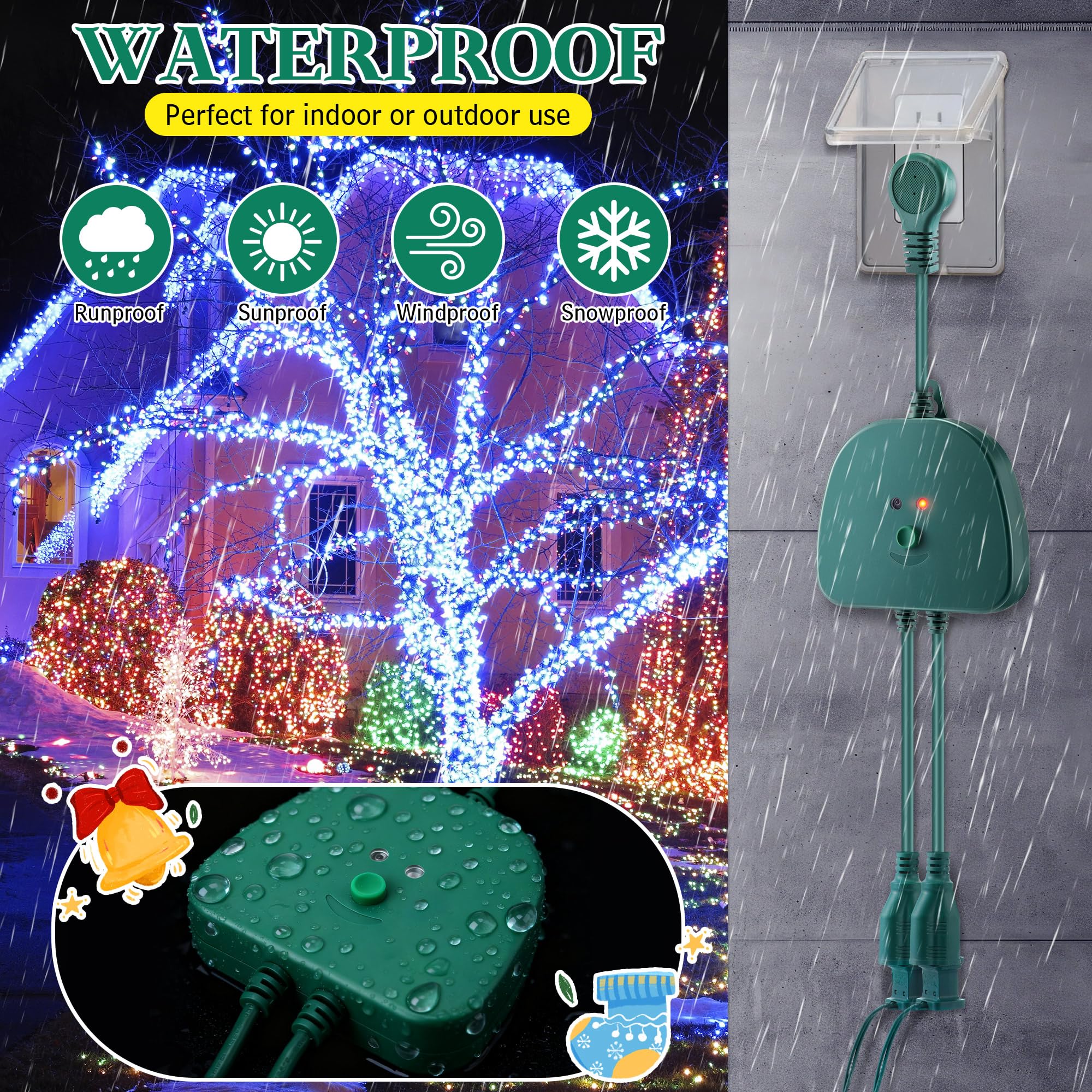 Gulfmew Christmas Light Controller, 2 Channel, 14 Functions, Remote, Dusk to Dawn Sensor, Green, Model TD-Gulfmew-1065