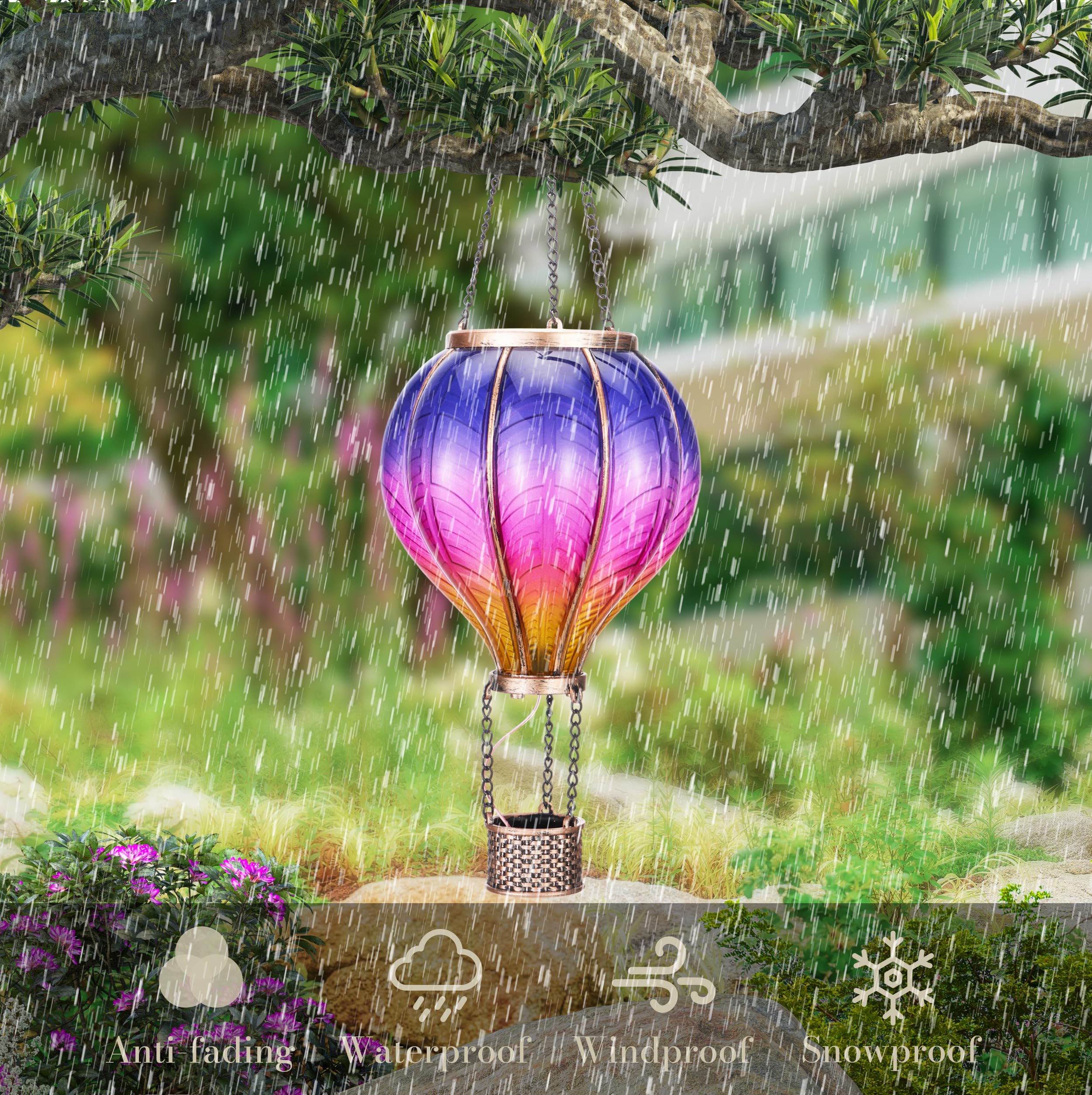 TeresaS Collections Hot Air Balloon Solar Lantern For Garden Decor  Flickering Flame Hanging Solar Light For Outdoor  Purple & Pink Plastic Lamp For Yard Tree Gift For Mom