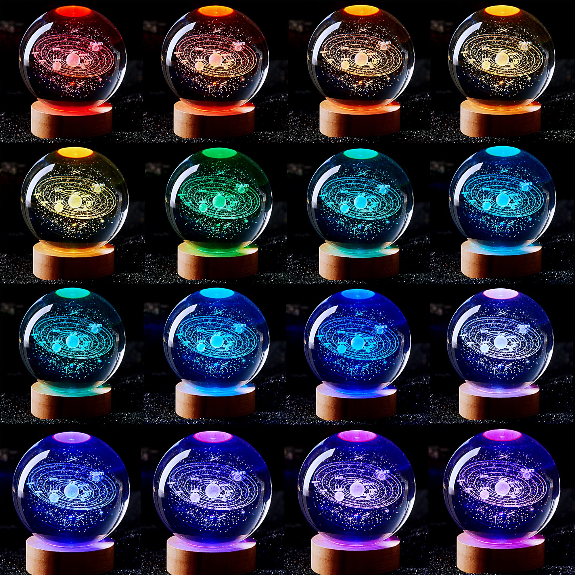 3D Solar System Crystal Ball Lamp,3.15 Inch K9 Crystal Ball Night Light With Wooden Base,16 Colors Changing With Remote Control,3D Planet Laser Engraving Holographic Light (Solar System)