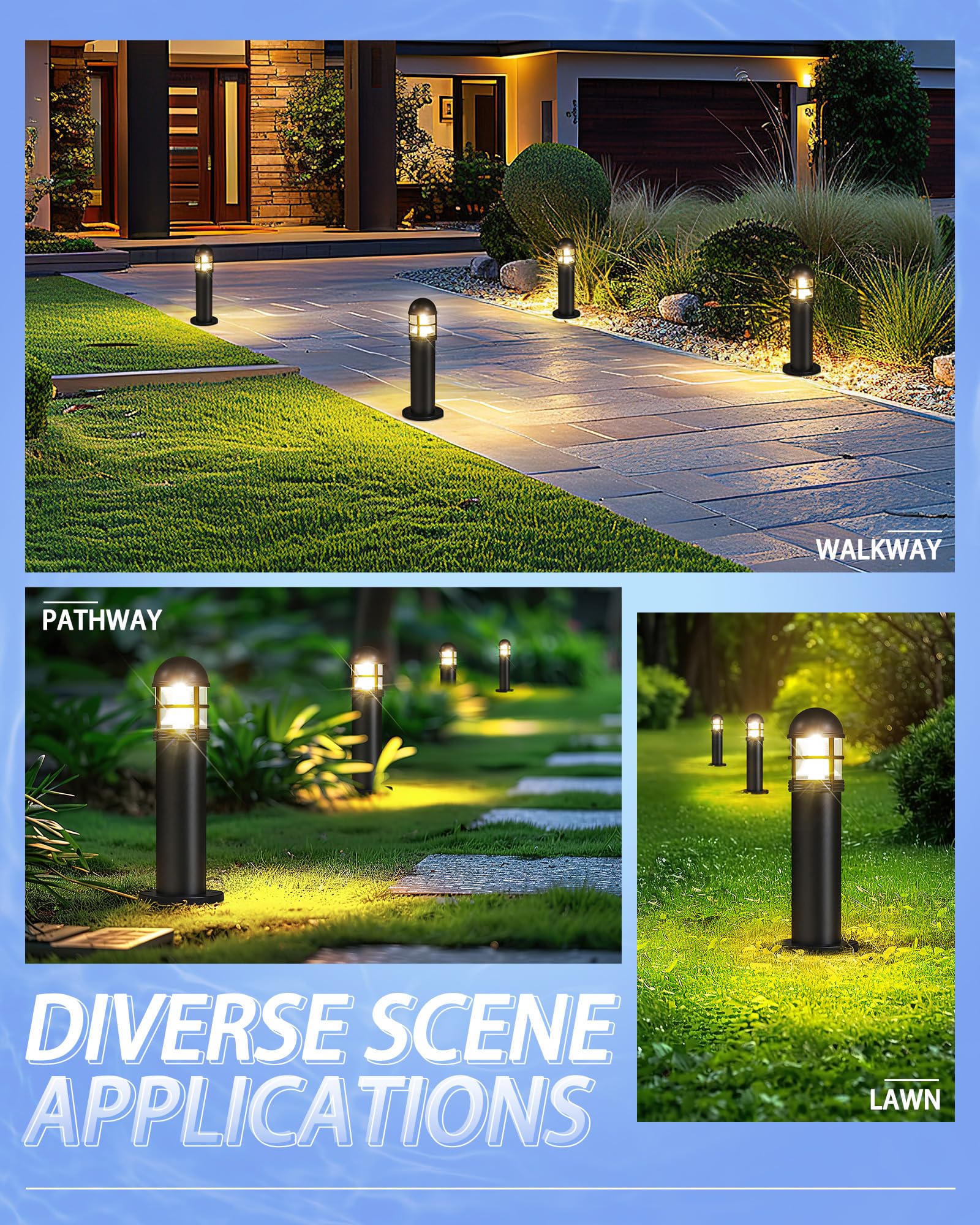MOON-DE-AGE 12V LED Bollard Pathway Lights, 200LM Brightness, IP67 Waterproof, 2 Pack, Newly Black, Model LV00302BL