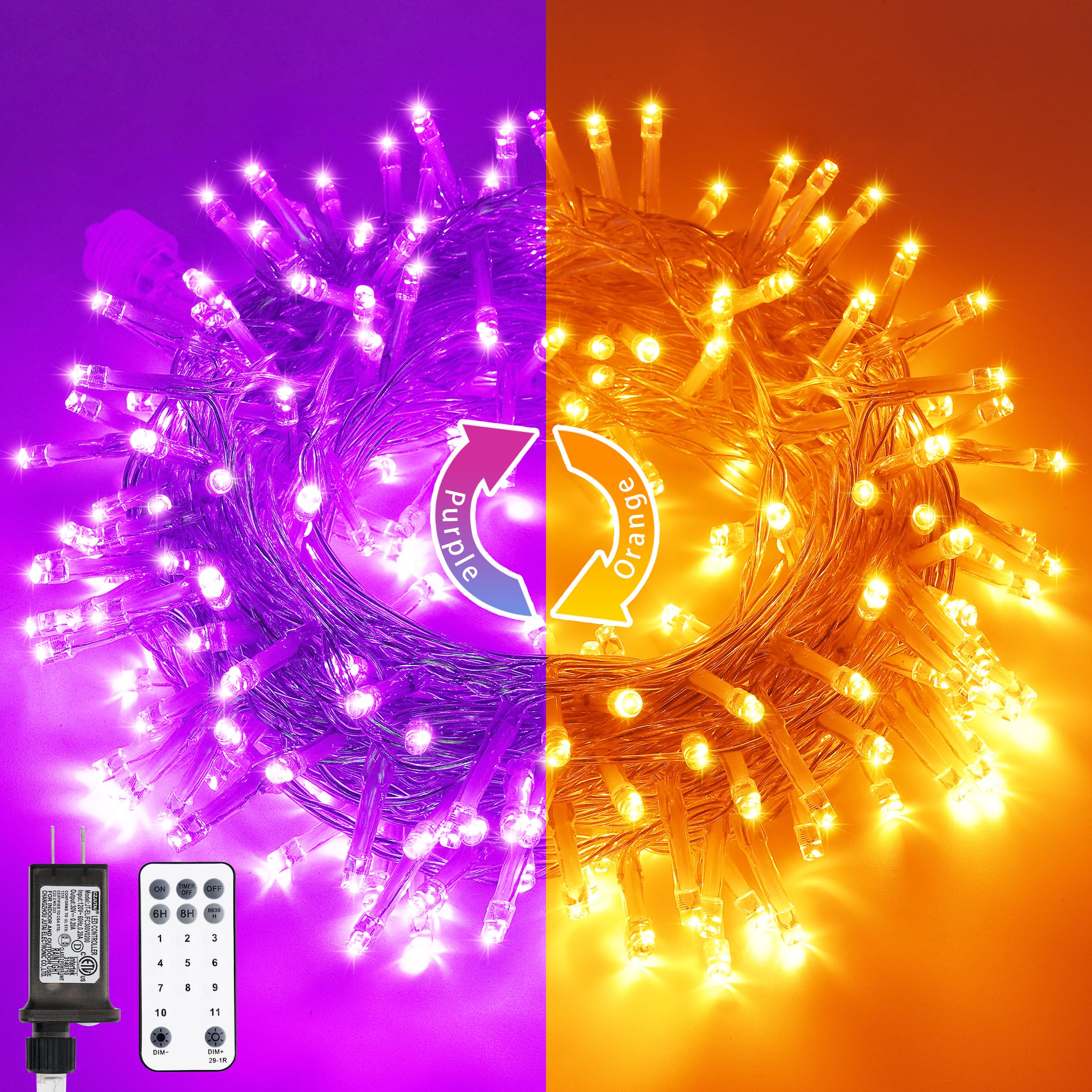 JMEXSUSS 200 LED Christmas Decoration Lights, Clear Wire, 11 Modes, Connectable, Purple Orange, Indoor Outdoor, Model EXS-S-0200