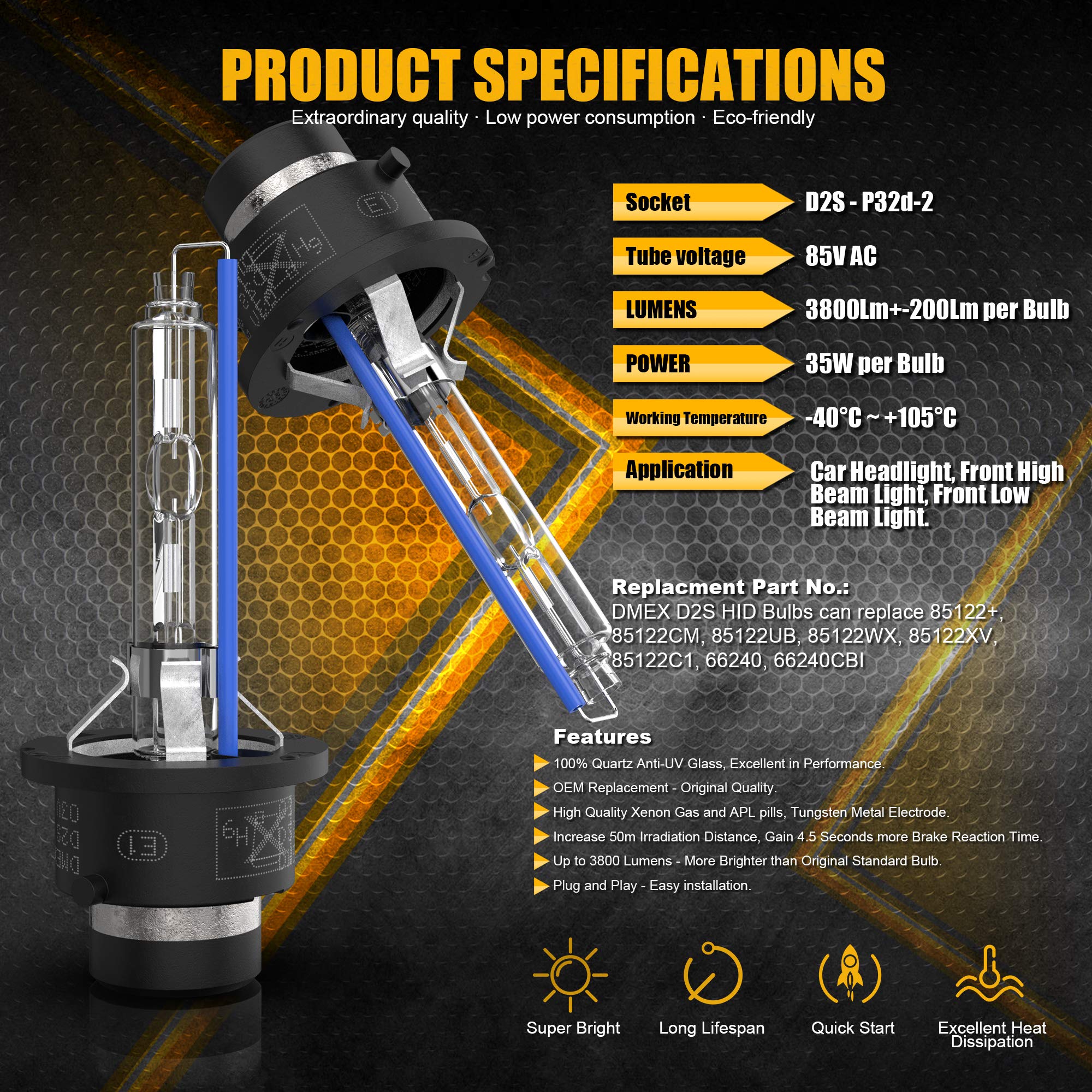 Dmex D2S - 35W - 6000K Cool White Xenon Headlight Hid Bulbs 85122 66240 66040 66240Cbi Replacement - Pack Of 2