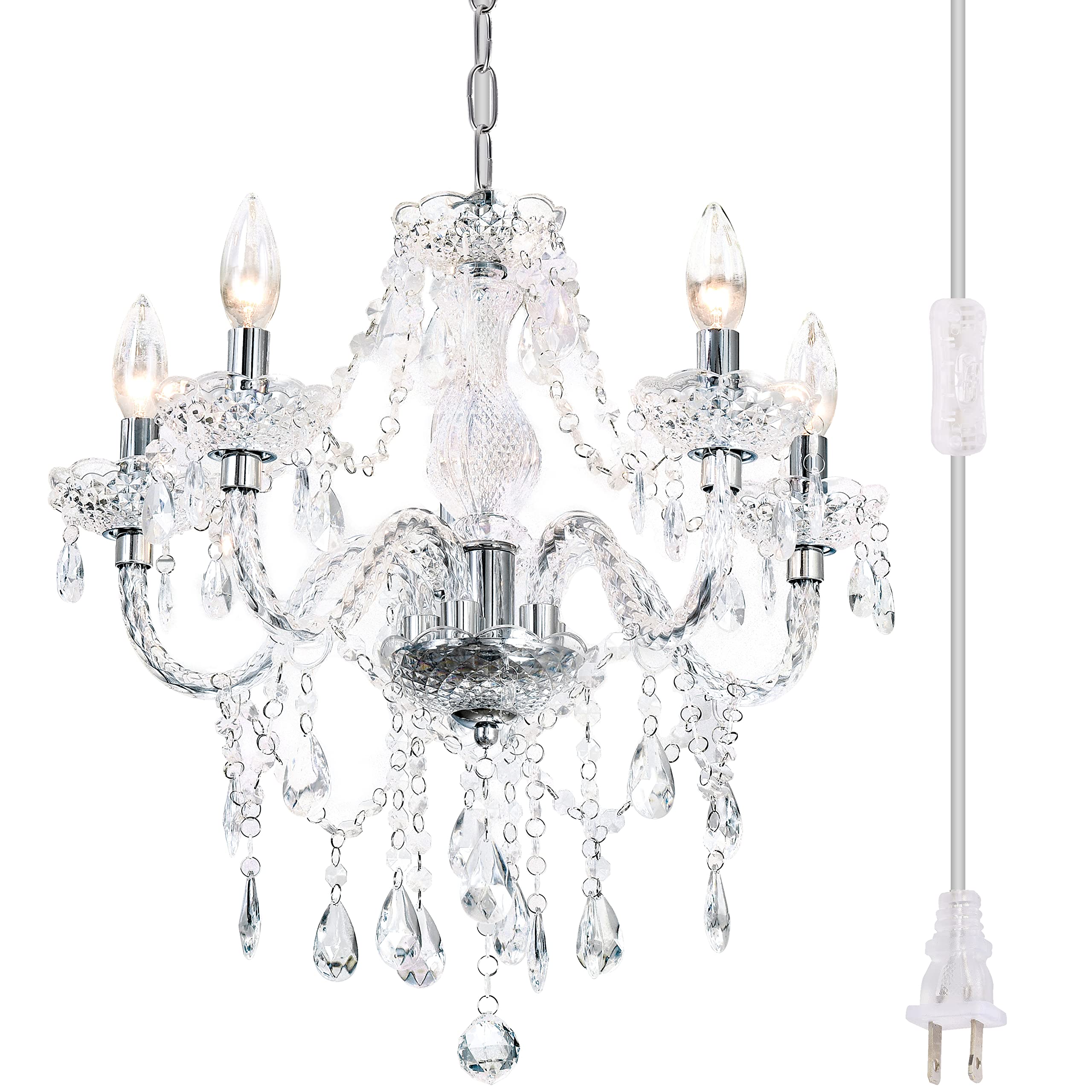 Plug-in 5 Light Crystal Hanging Pendant Lights Acrylic Chandelier with Clear Cord & On/Off Switch H19 D19.7 for Kitchen Island G