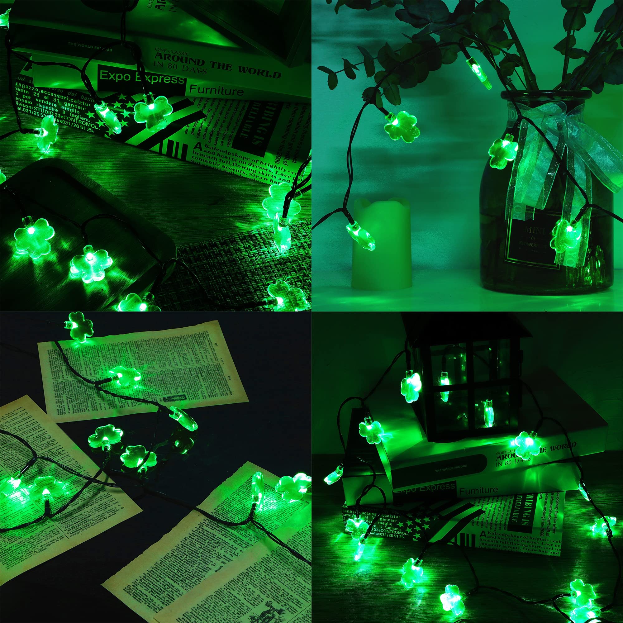 Ljlnion St. Patricks Day String Lights Outdoor, 50 Led 16 Ft Shamrocks Decorative Green Leaf Lights Battery Operated, 8 Lighting