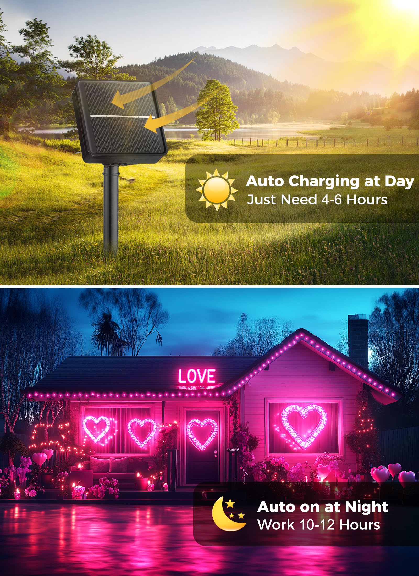 Minetom Solar String Lights For Outside - 2 Pack Total 80 Ft 200 Led Valentine Solar String Lights With 8 Lighting Modes, Ip65 W