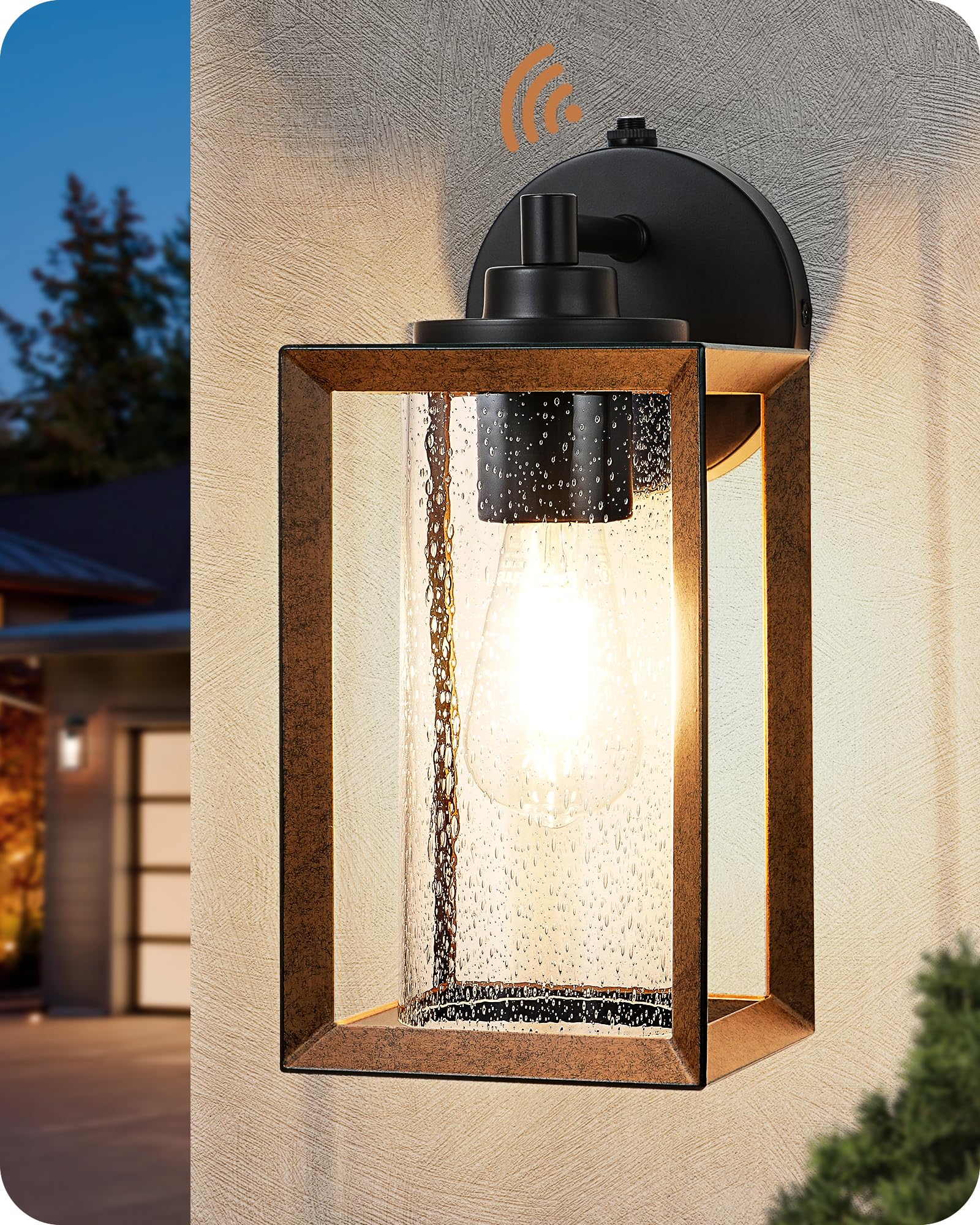 EDISHINE Dusk to Dawn Outdoor Wall Lights, Farmhouse Exterior Lighting Fixtures with Seeded Glass, Wood Grain Finish Porch Light