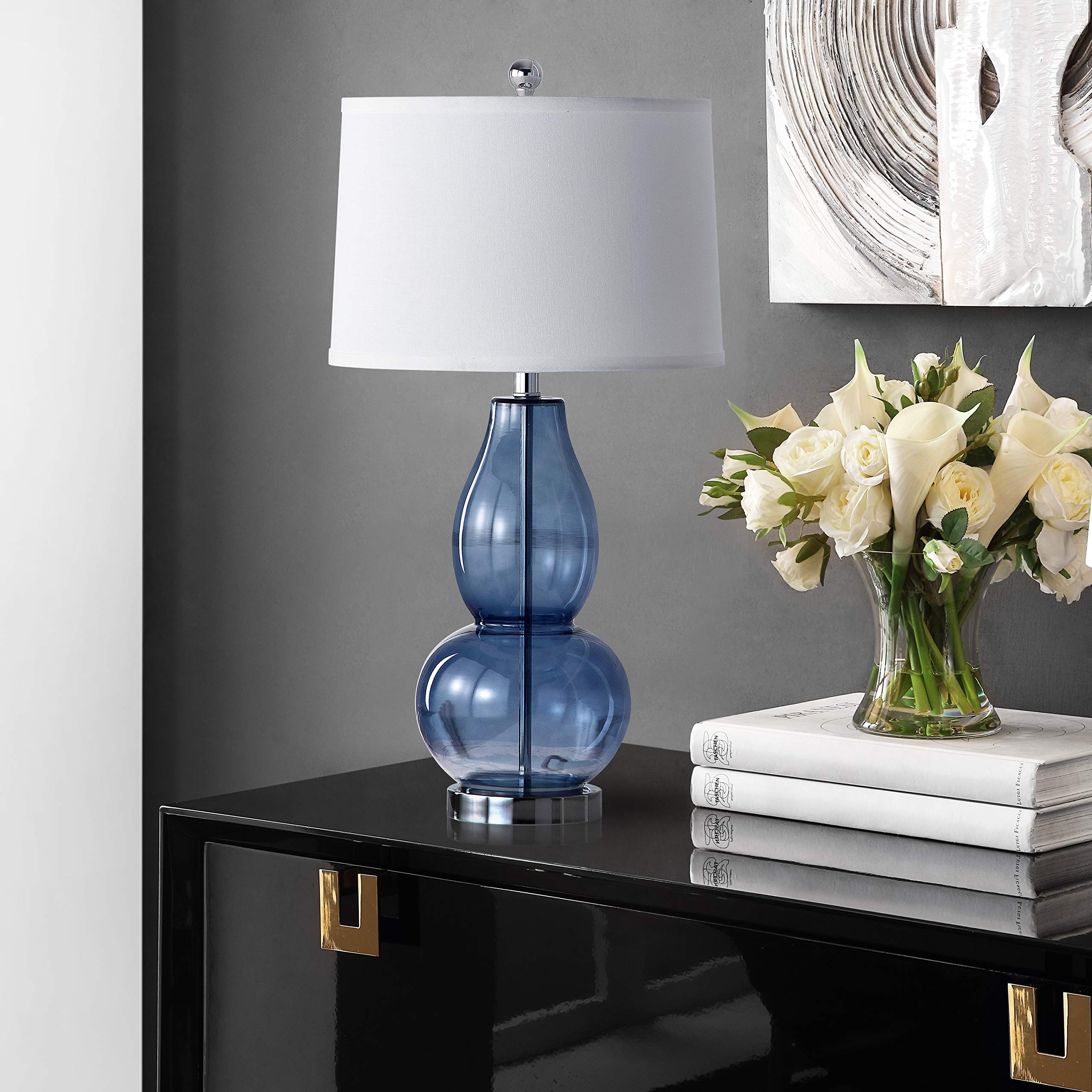 Safavieh Lighting Collection Mercurio Blue Glass Double Gourd 28-Inch Table Lamp Set Of 2 With Usb Charging Port (Led Bulbs Incl