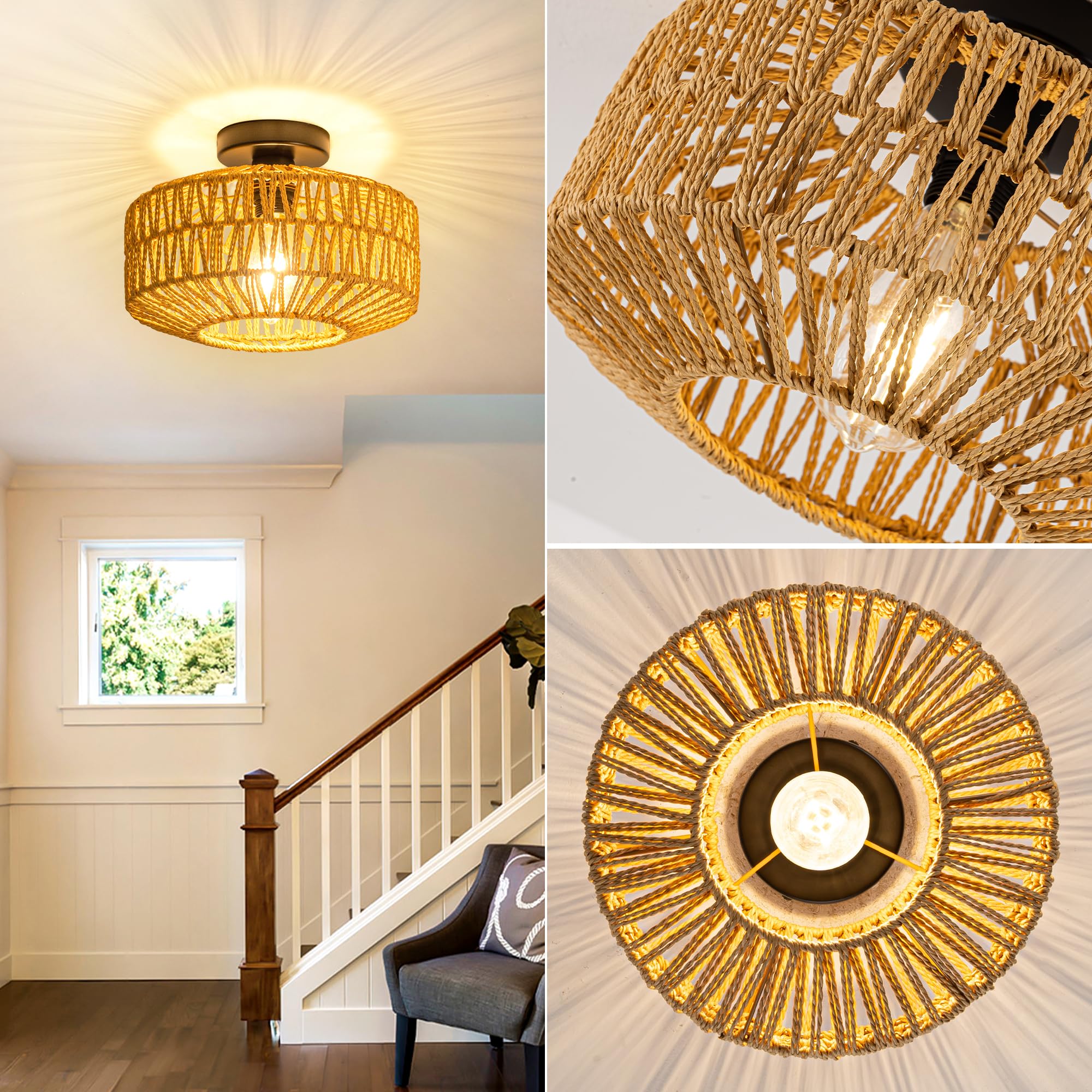 Mayna 3-Light Boho Light Fixtures Ceiling Mount, Hand-Woven Chandelier Light Fixture,Farmhouse Rattan Flush Mount Ceiling Light