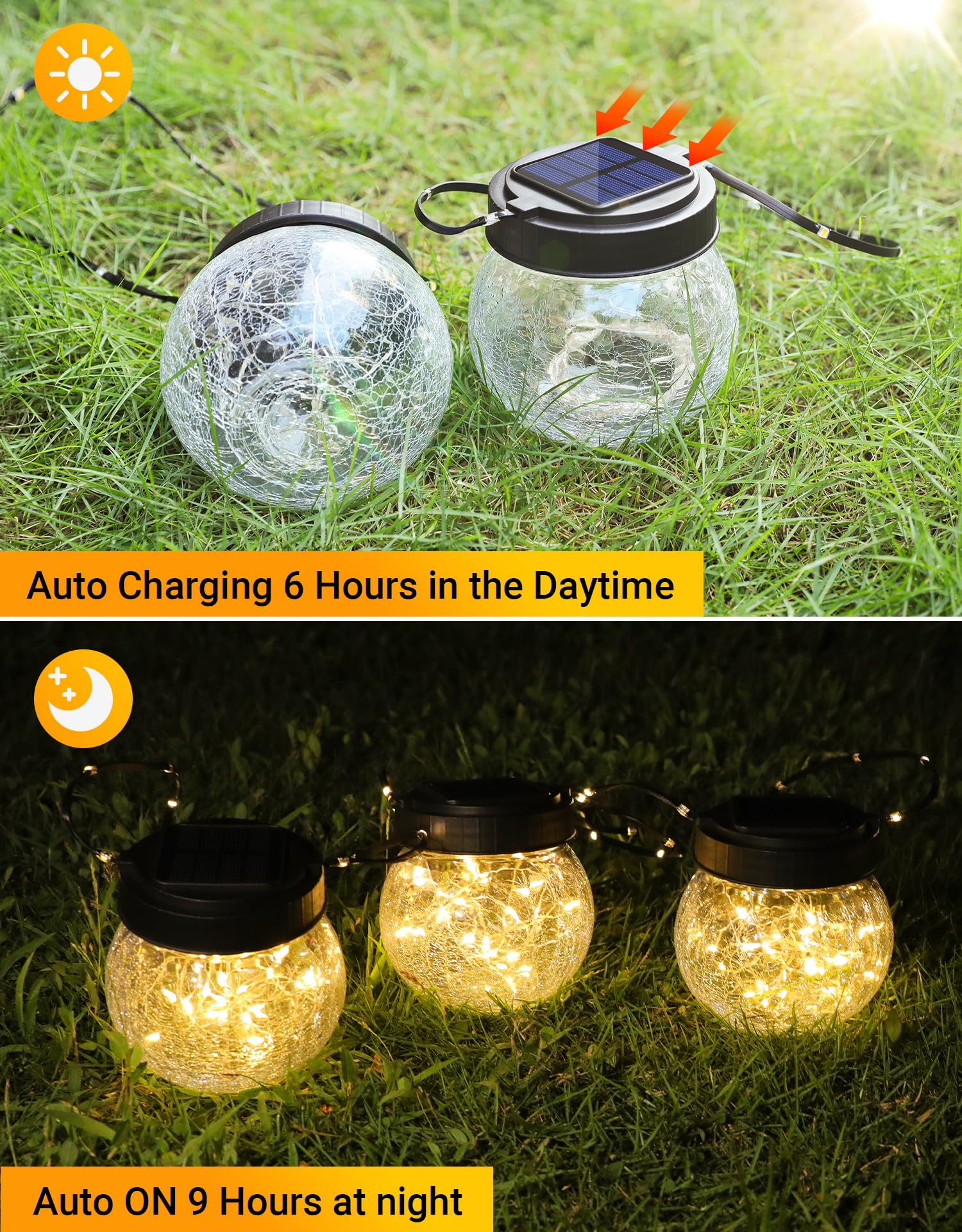 Solar Lantern Solar Lights Outdoor Waterproof 2-Pack, Solar Powered Hanging Lights Cracked Glass Hanging Globes For Christmas De
