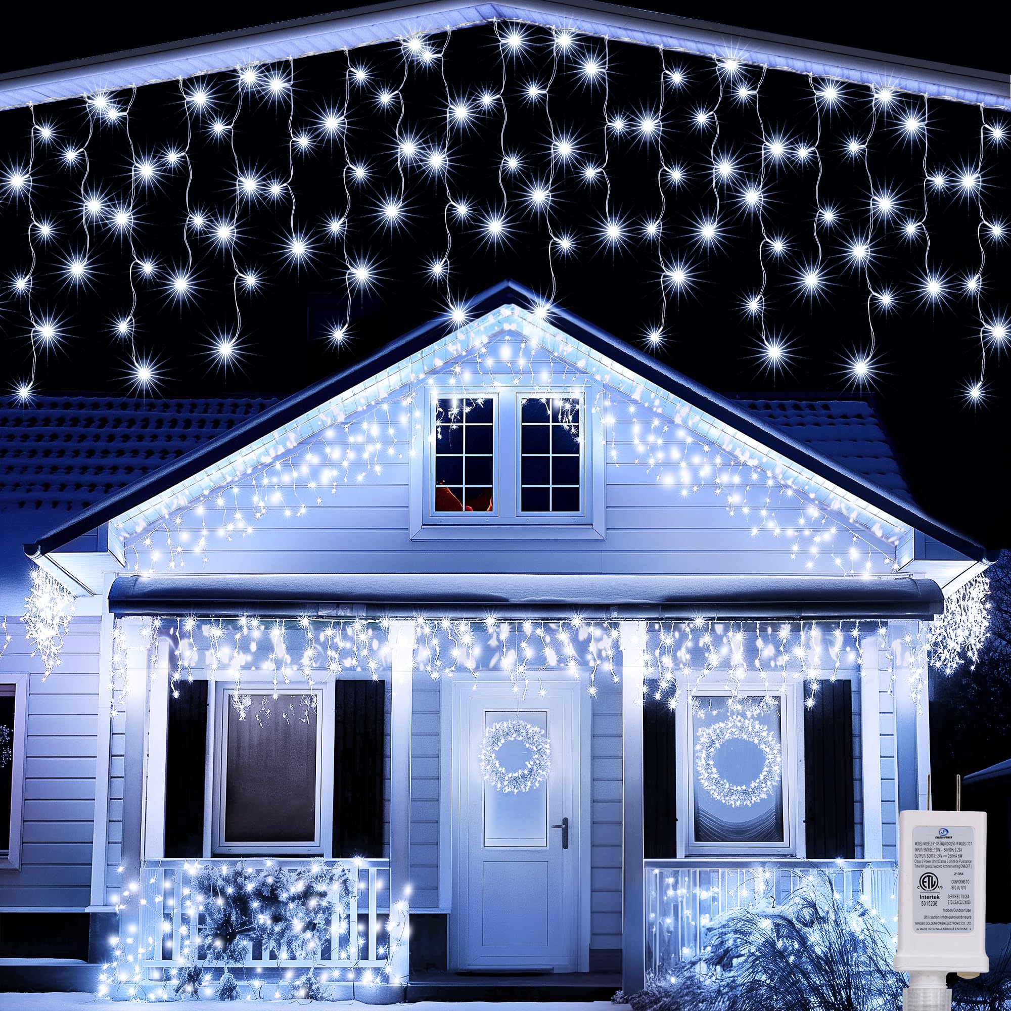 Joomer Christmas Icicle Lights, 32FT, Waterproof, 8 Modes, White, Model SSL0200-I-24V