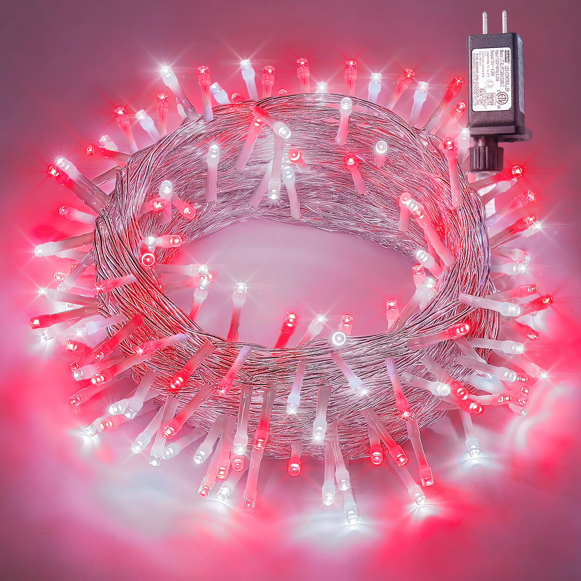 oopswow 33ft 100 LED String Lights,Waterproof Twinkle Fairy Lights Plug in with 8 Modes, Christmas Lights Clear Wire for Wedding, Valentine,Party,Tree,Christmas Decoration Indoor Outdoor-Red&White