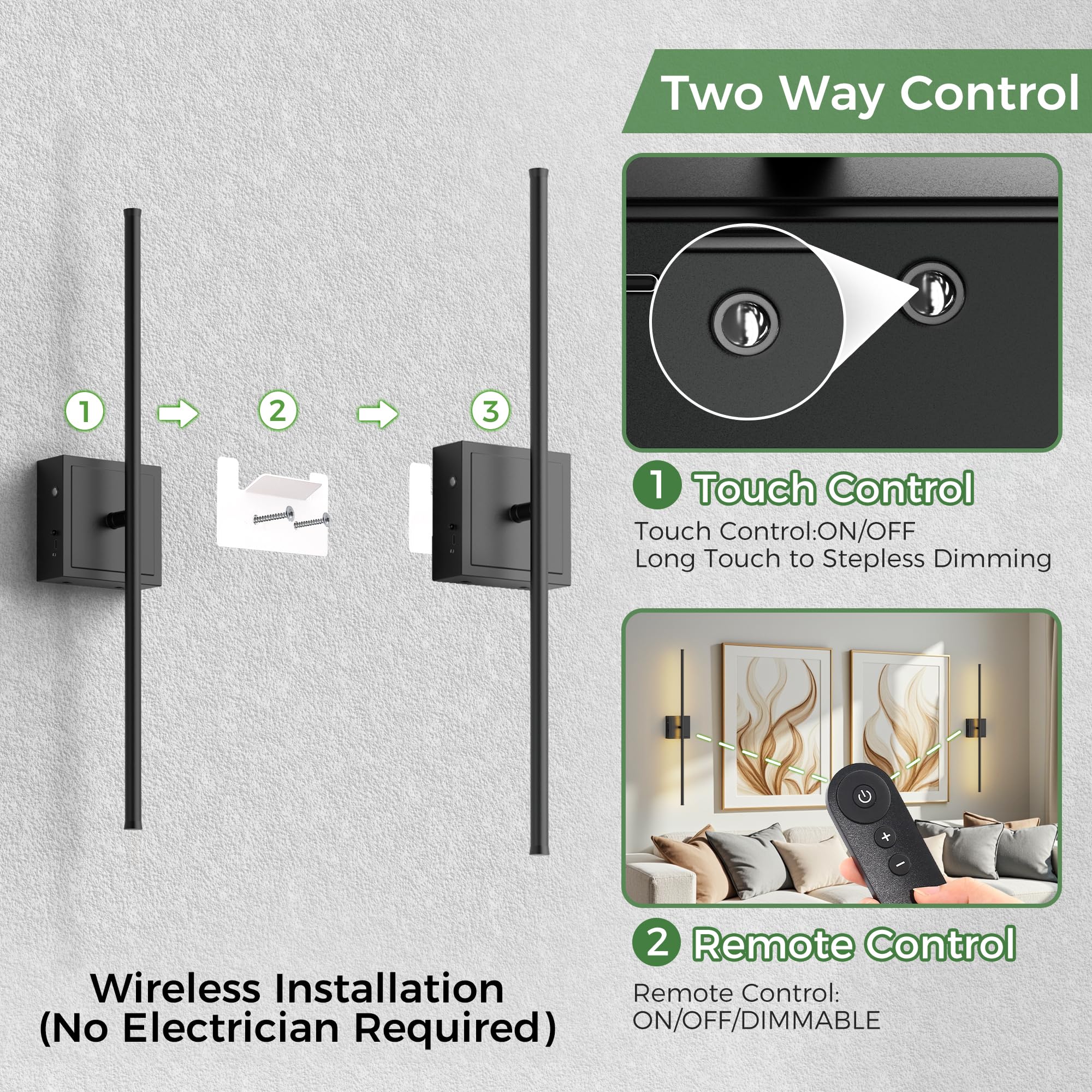 DORESshop Battery Operated Wall Sconces Set of 2, Dimmable, 31.6 Inch, Black Metal, with Remote Control