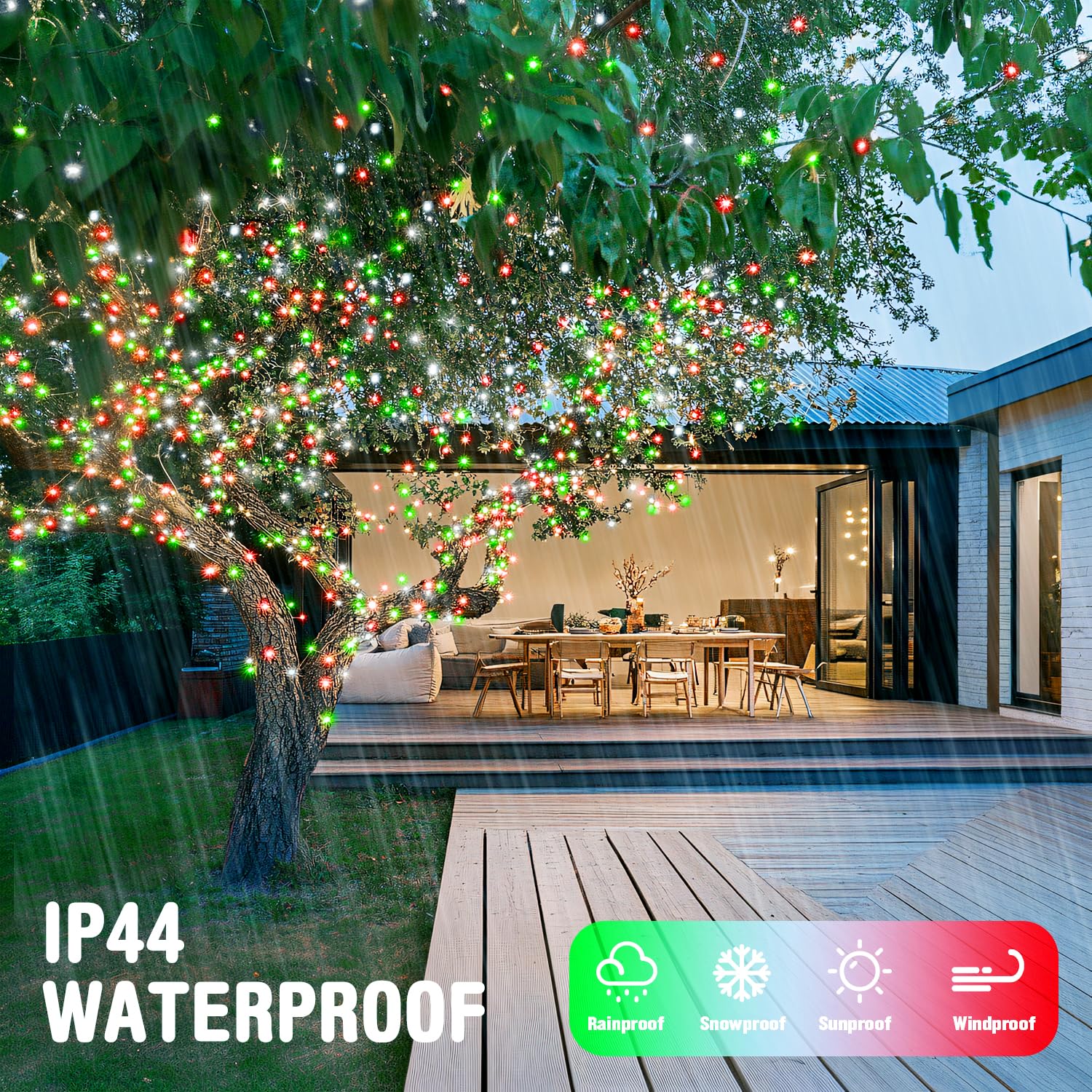 JMEXSUSS 100 LED Twinkle String Lights, Waterproof Indoor/Outdoor, 8 Modes, Clear Wire, Red White Green, Model EXS-S-0100