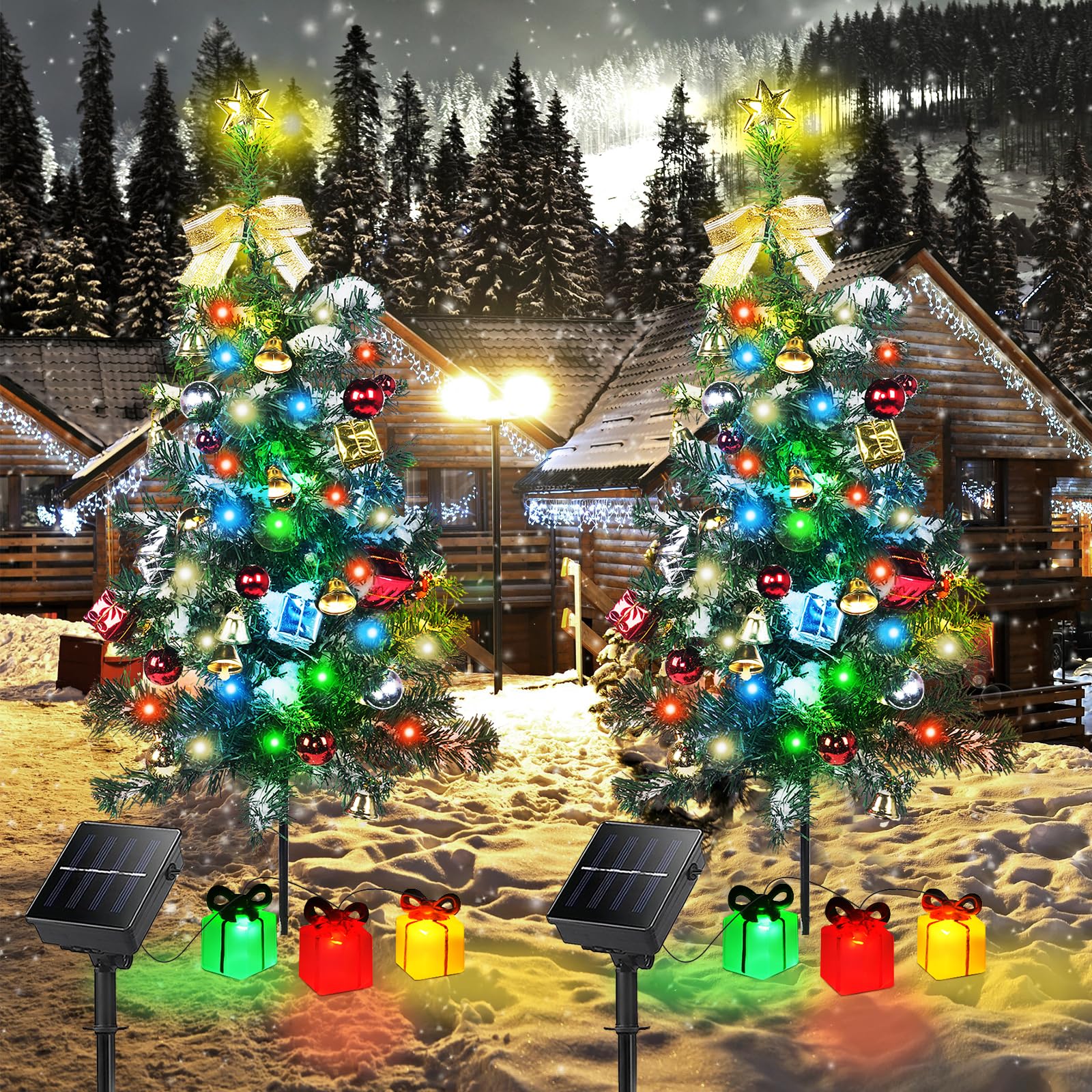 Adecorty Solar Christmas Tree Decorations 2 Pack, 60 LED, 30Inch Mini Prelit, Multicolor, Model ADT-Solar Christmas Tree 2P