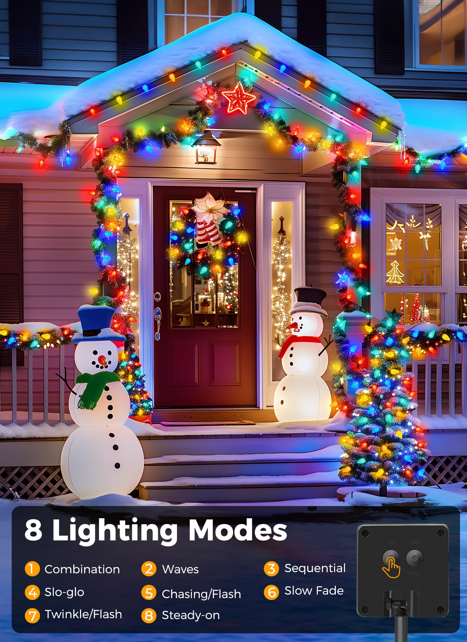 Minetom Solar Christmas Lights, 50 LED C9 Multicolor String Lights, Waterproof with Timer & 8 Modes for Outdoor Garden Party Decoration