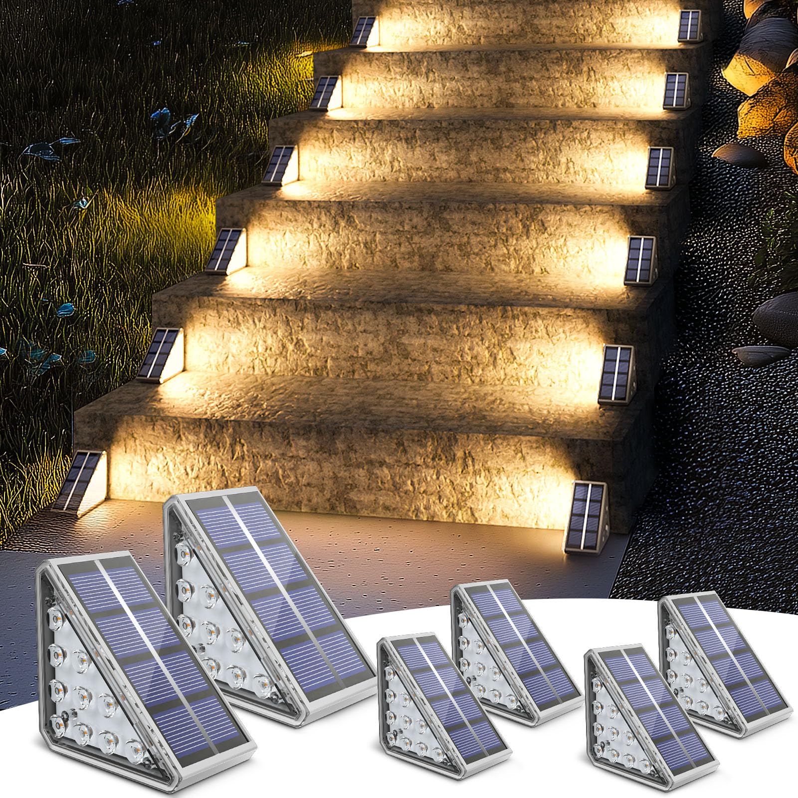 Niorsun 6 Pack Solar Stair Lights, Waterproof Ip67, Auto On/Off, Warm White Outdoor Step Lights