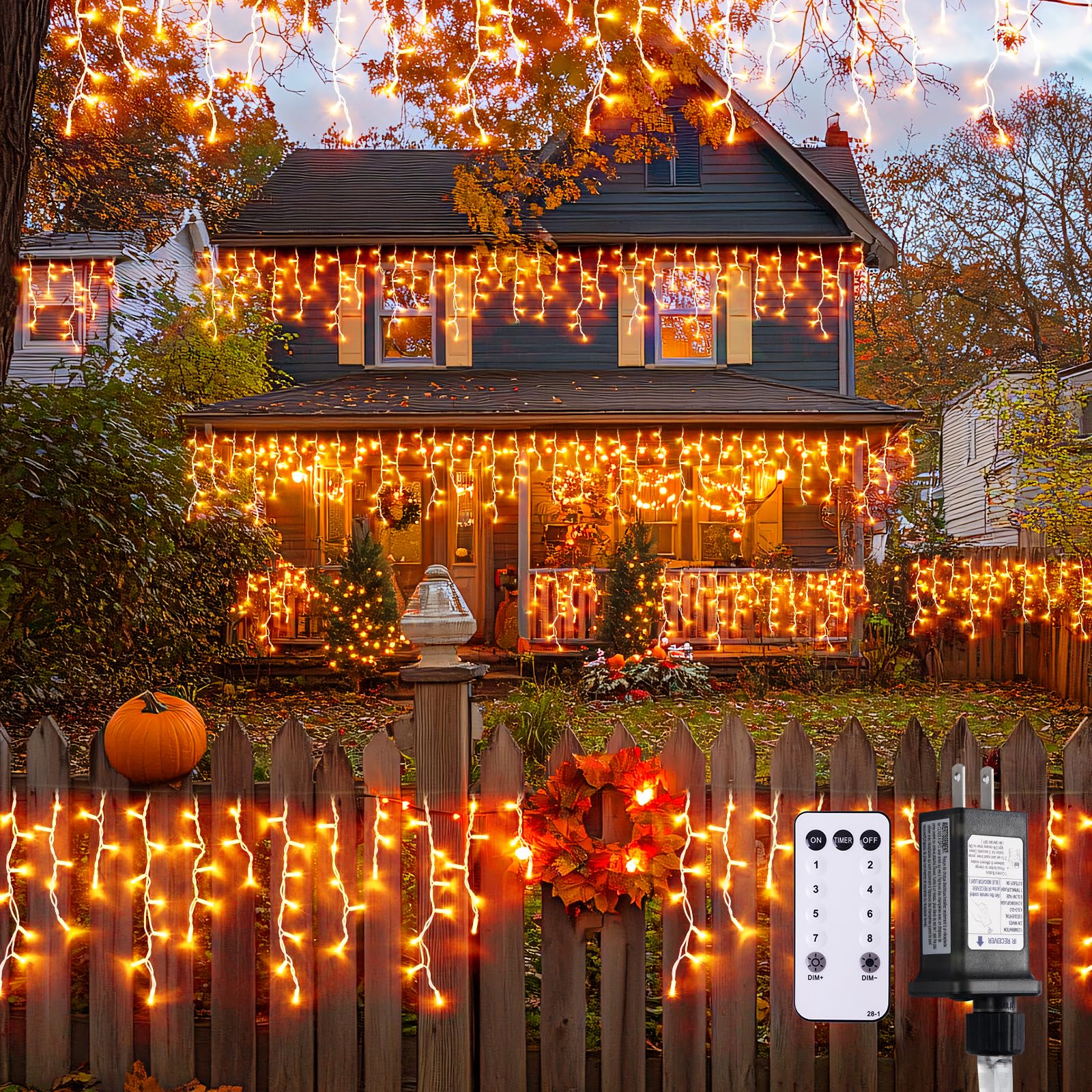 JMEXSUSS 800 LED Thanksgiving Icicle Lights for Outside, Orange Icicle Lights Outdoor with Remote, Thanksgiving String Lights In