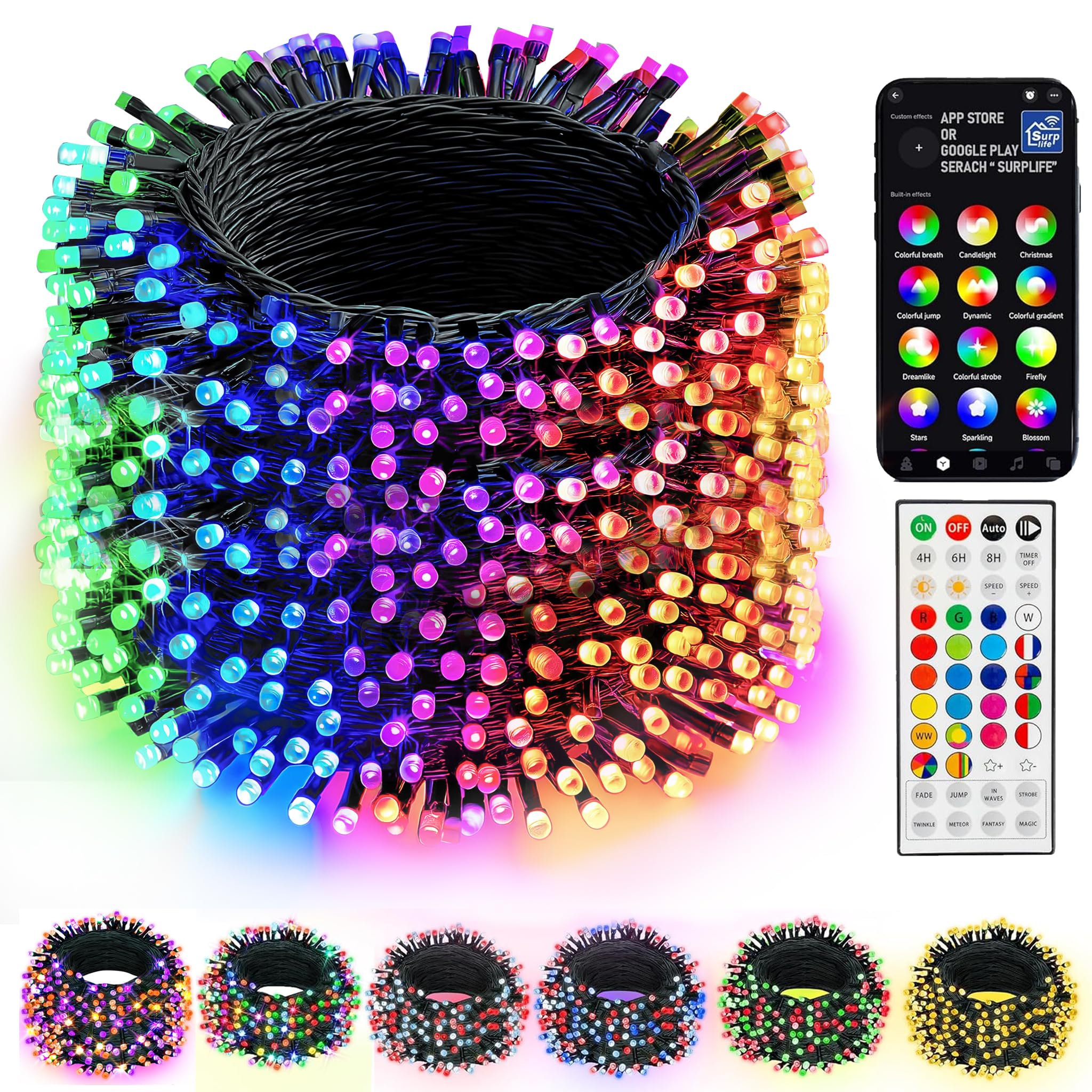 Dazzle Bright Smart Christmas String Lights, 164FT 500 LED RGB Color Changing String Lights with Remote & App Controlled, Hallow