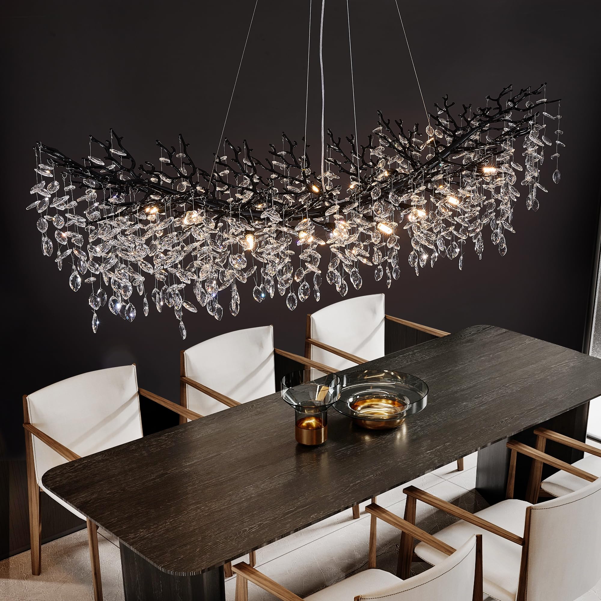Black Chandelier  16 Light Modern Chandelier For Dining Room Over Table  Industrial 63 Hanging Lighting With K9 Crystal Tree Branch Rectangular Chandeliers For Living Room Kitchen Island