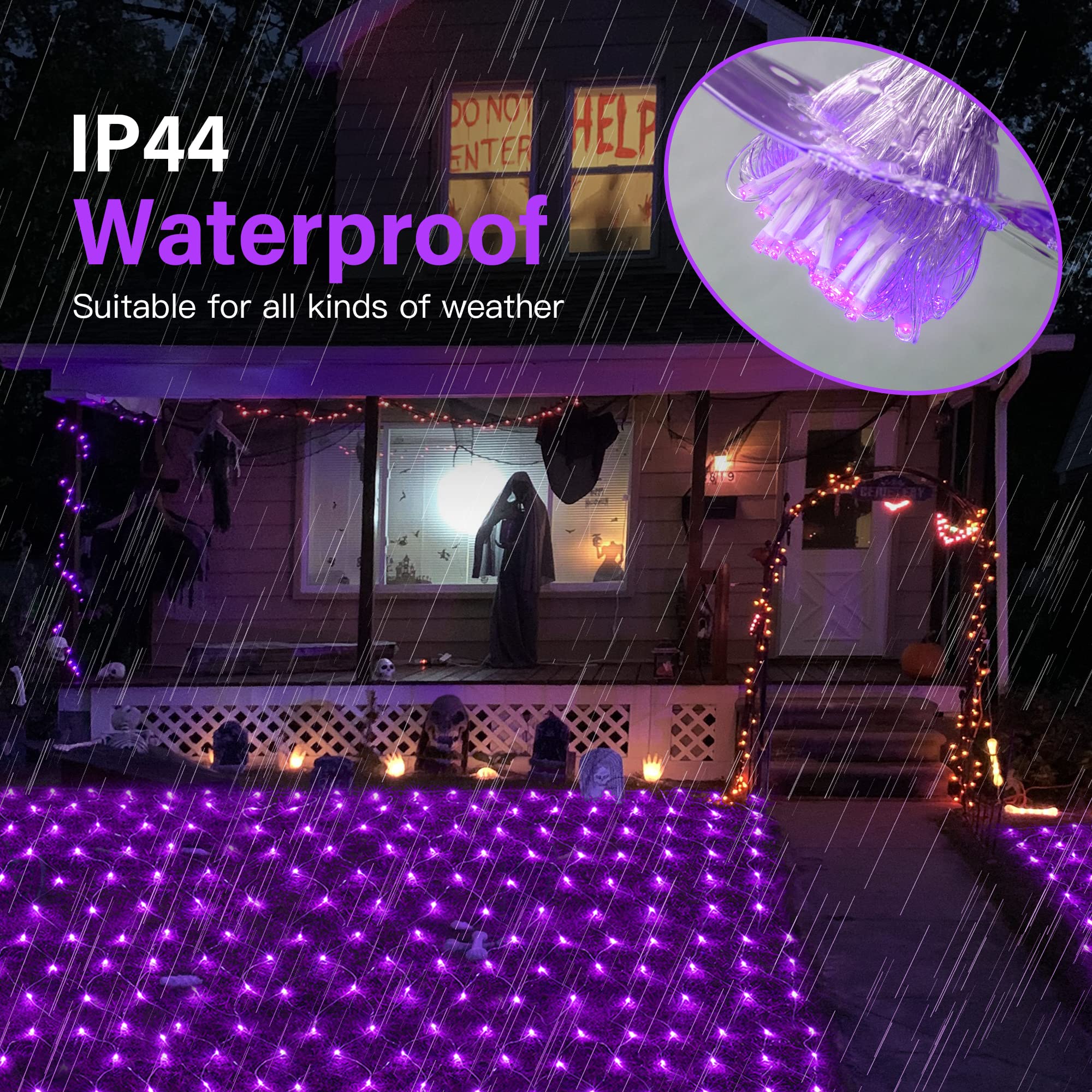 woohaha Outdoor Christmas Net Lights, 192 LED Fairy String Light, 9.8FTx6.6FT, 8 Lighting Modes, Purple, Model QX-U-O-N-192