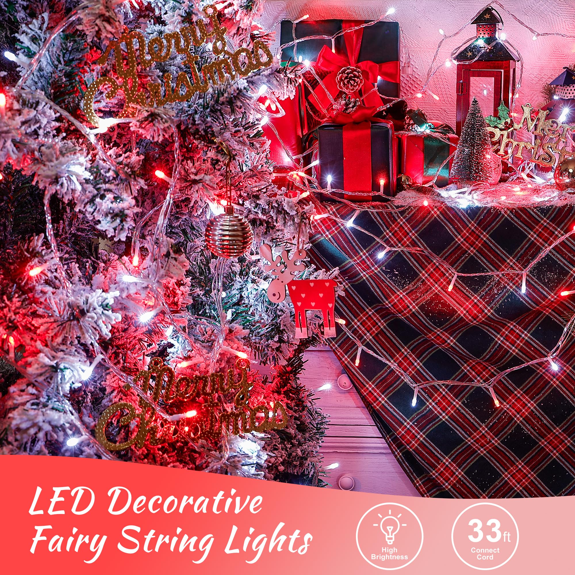 Oopswow 33Ft 100 Led String Lights,Waterproof Twinkle Fairy Lights Plug In With 8 Modes, Christmas Lights Clear Wire For Wedding, Valentine,Party,Tree,Christmas Decoration Indoor Outdoor-Red&White