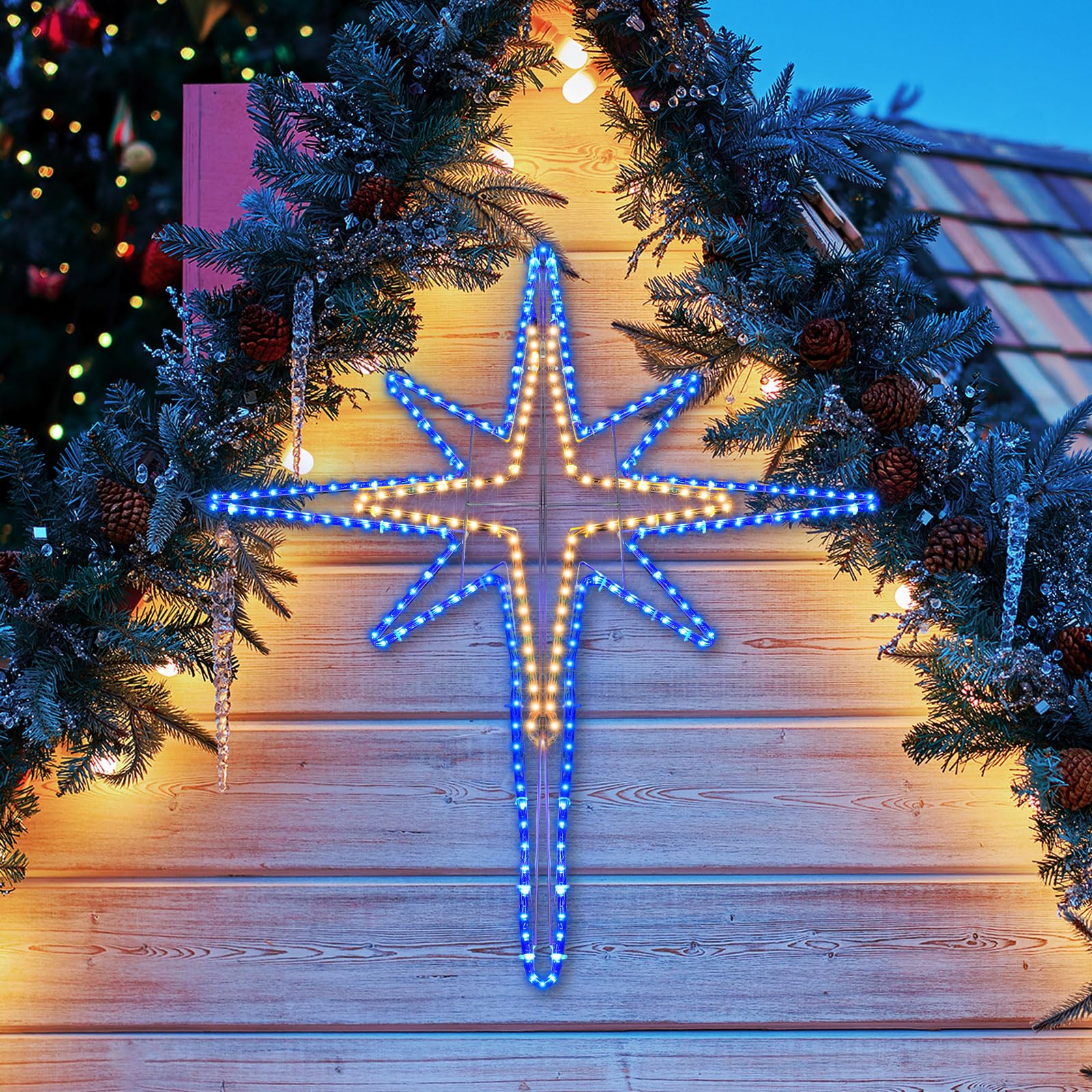 Wettal Christmas Star of Bethlehem LED Star Hanging Lights Nativity Holy Family Light for Door Window Porch Wall Decoration Plug