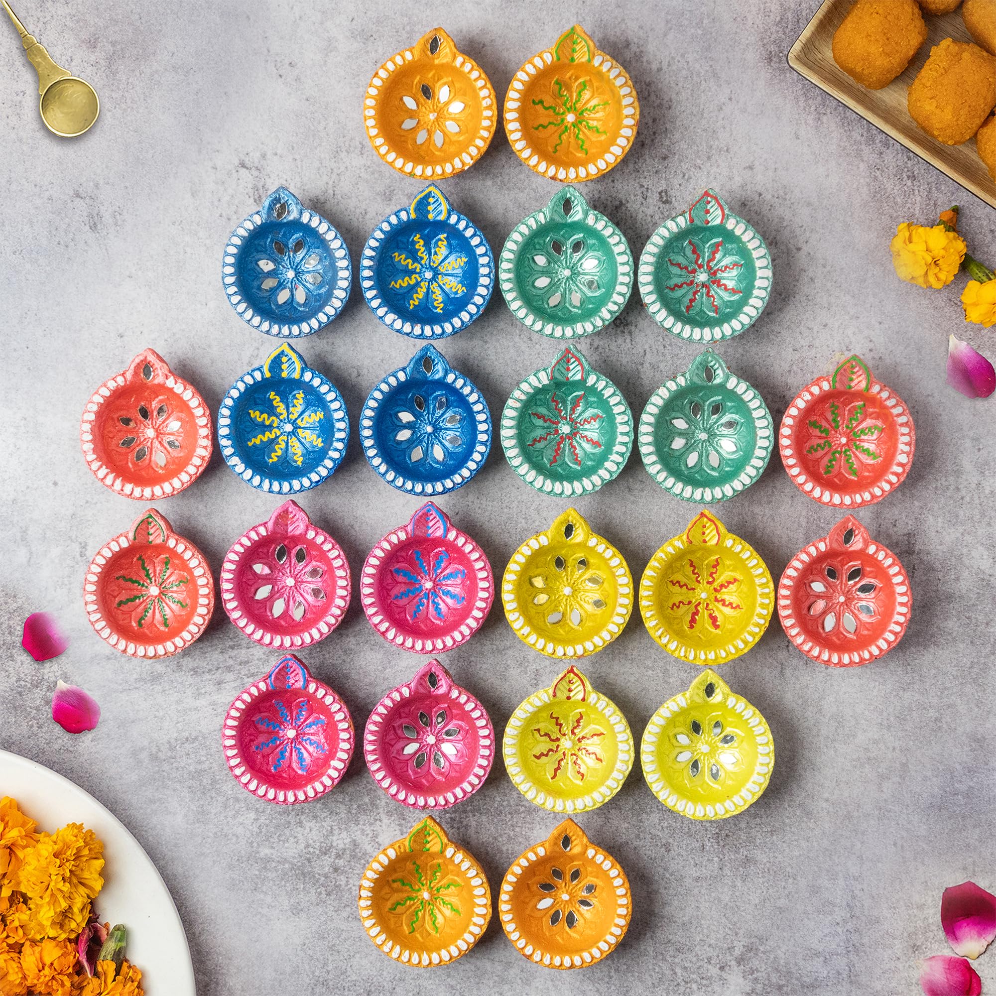 Letz Celebrate Clay Diyas - Pack of 24 Handmade Diwali Decorations, Design 6, for Pooja and Home Decor