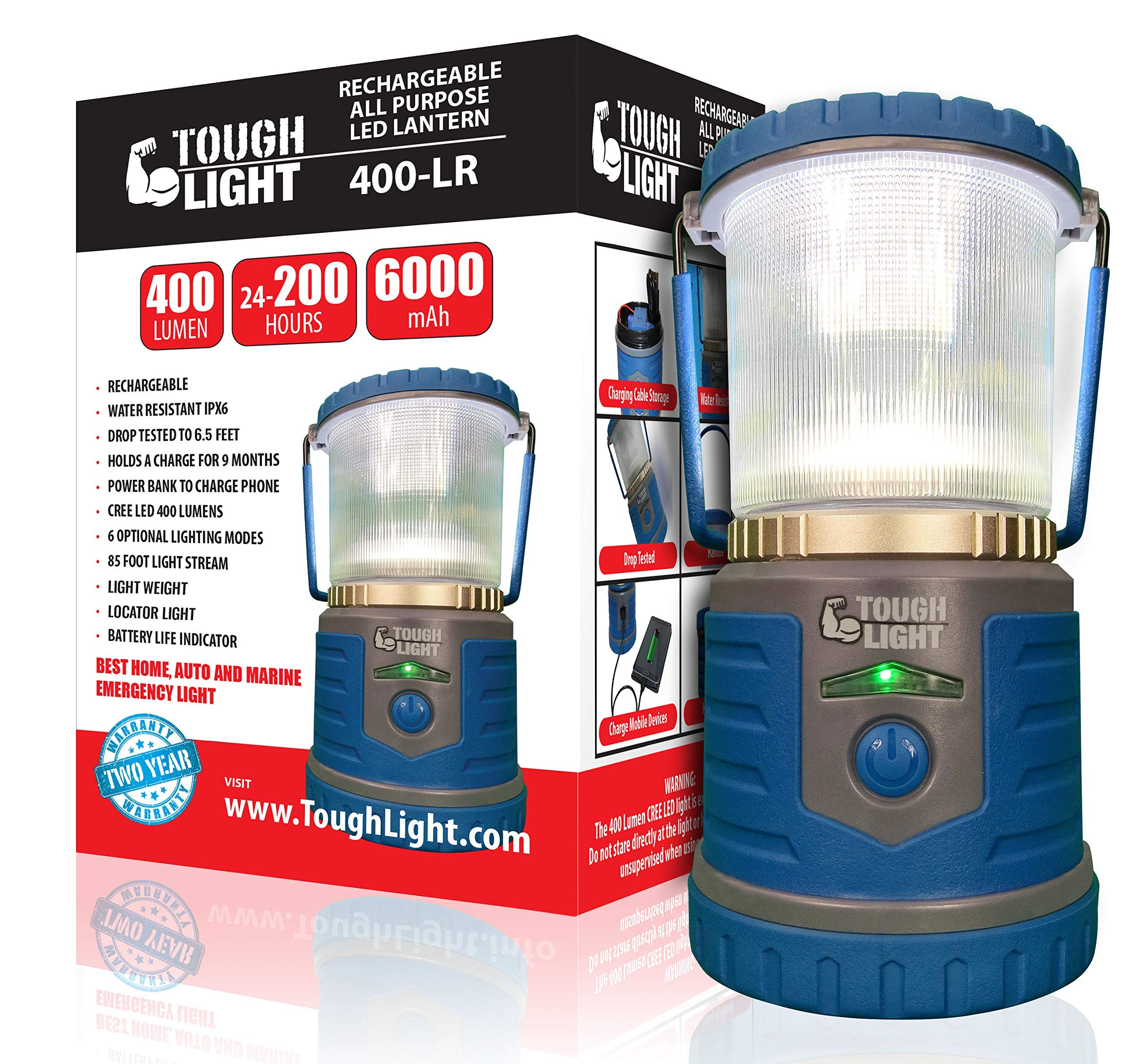 Tough Light Usb Rechargeable Camping Lantern, 400 Lumens Led Lantern, Hanging Tent Lamp, 6000Mah Power Bank, 200 Hour, 6 Modes,