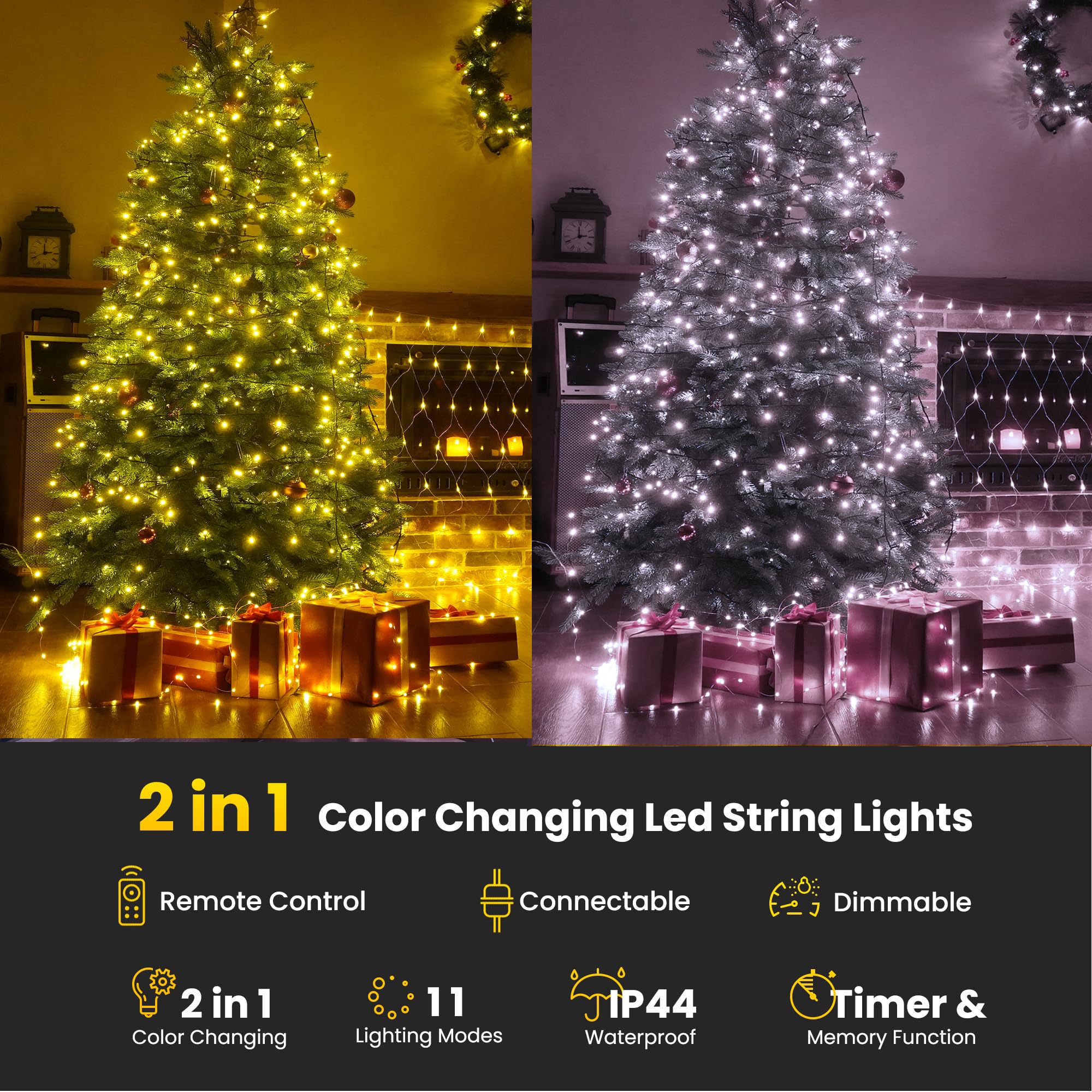LYHOPE 300 LED Christmas Fairy Lights, 98.4ft Color Changing String Lights, Warm & White, with Remote, Model JT-EL/FC300V0200-C