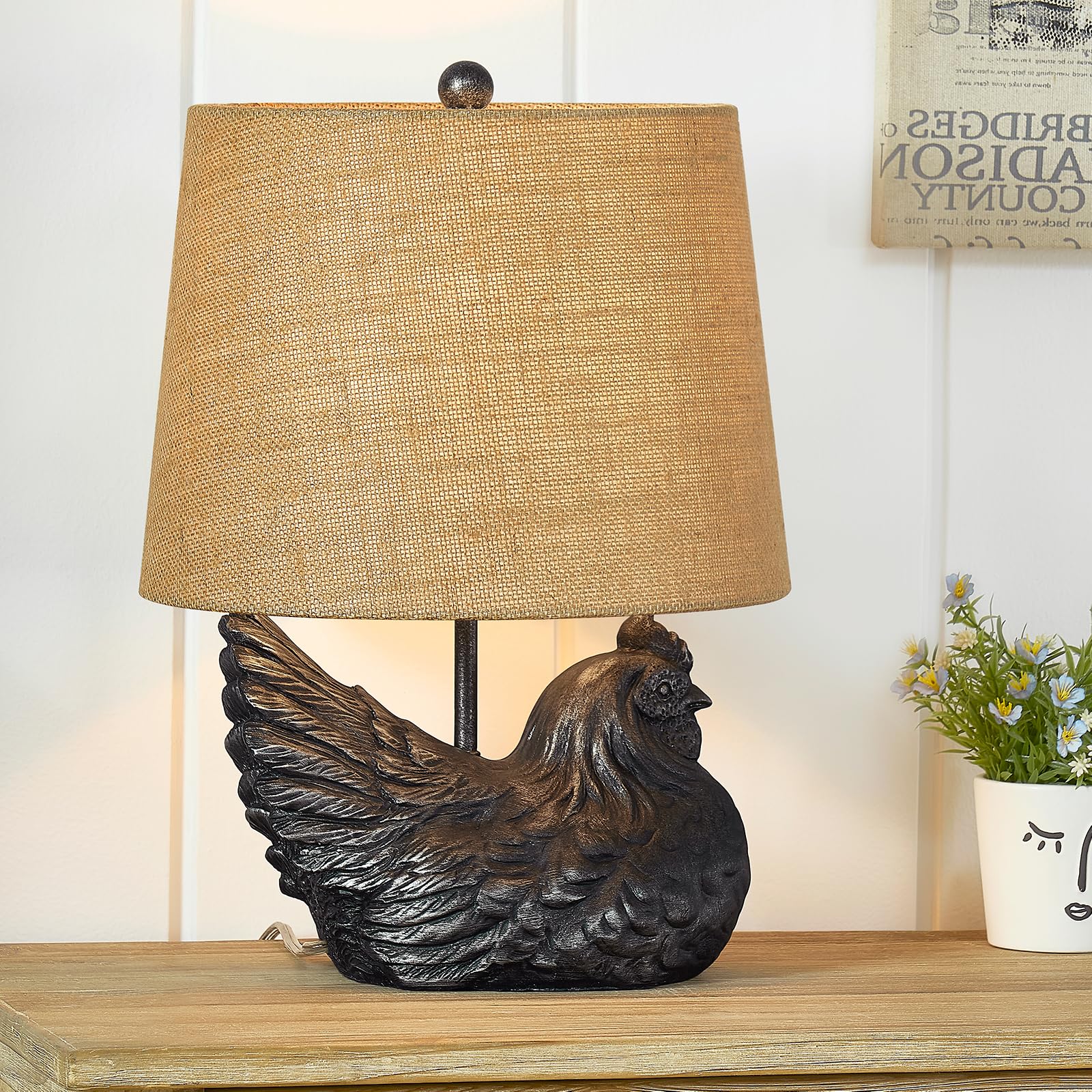 Crestview Collection Chicken Table Lamp, 18 H Sculpted Resin Hen Lamp with Burlap Shade, Rustic Black-Charcoal Animal Sculpture 
