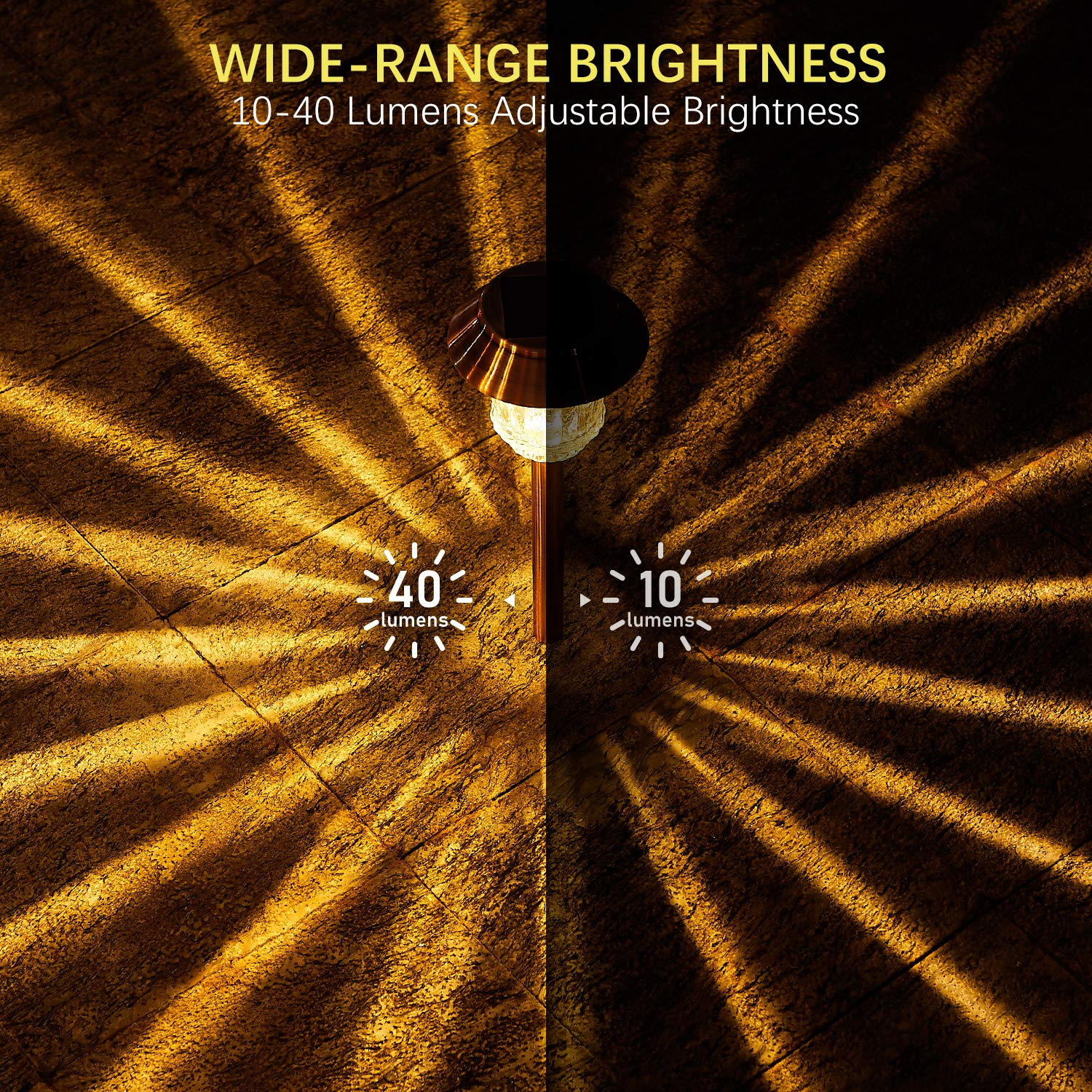 XMCOSY+ Solar Lights Outdoor 4 Pack, Waterproof Dimmable LED Glass, 10-40 LM, Copper, Model SL-1802-00