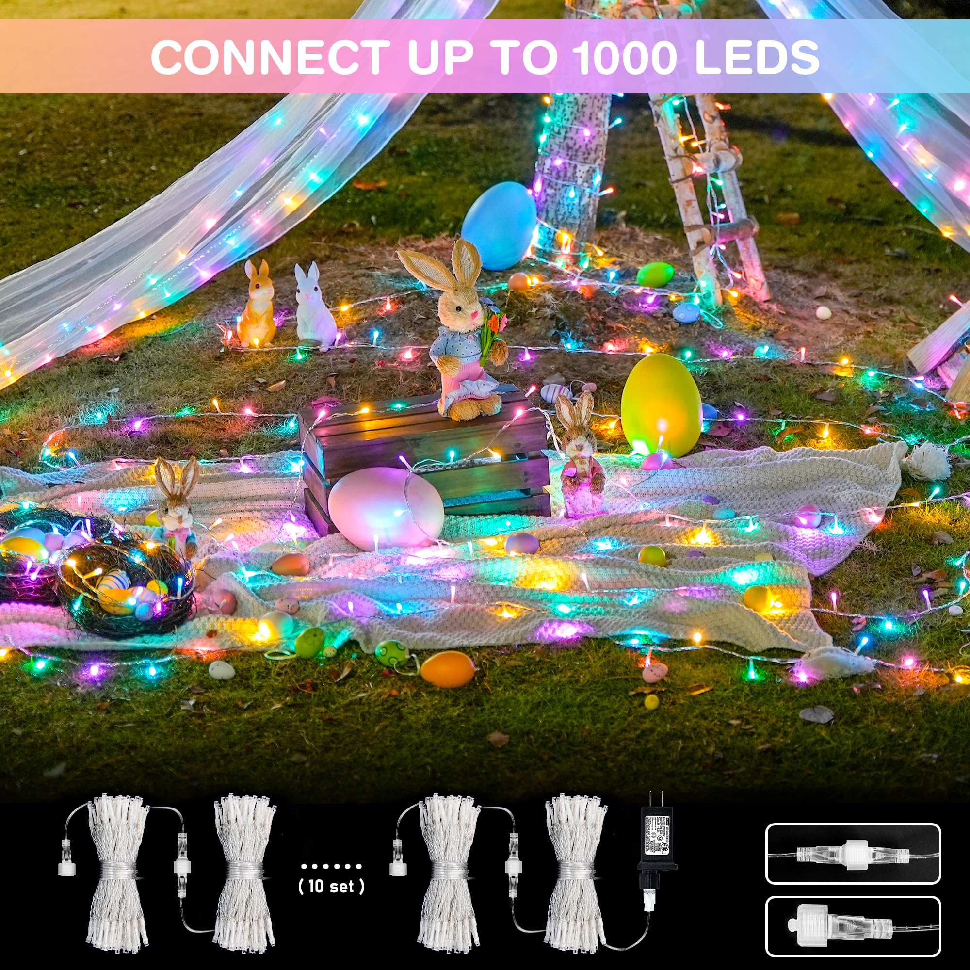 Jmexsuss 2 Pack 100 Led Easter String Lights Indoor Outdoor, 33Ft Multicolor Easter Lights Plug In, 8 Modes Connectable Colorful Christmas String Lights For Easter Bedroom Party Decorations