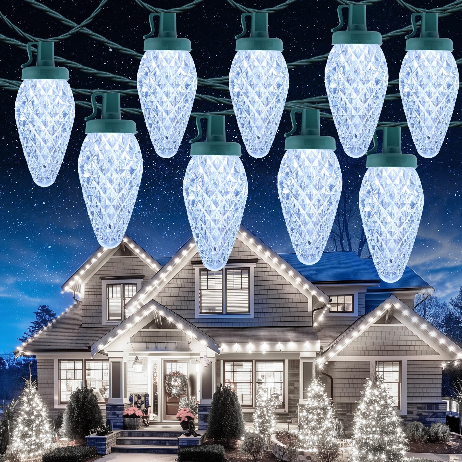 C9 Christmas Lights Outdoor  114 Feet 150 Led C9 String Light With Timer & 8 Light Modes  Waterproof Commercial Grade Connectable Christmas Tree Lights For House Indoor Outside Roofline  Pure White