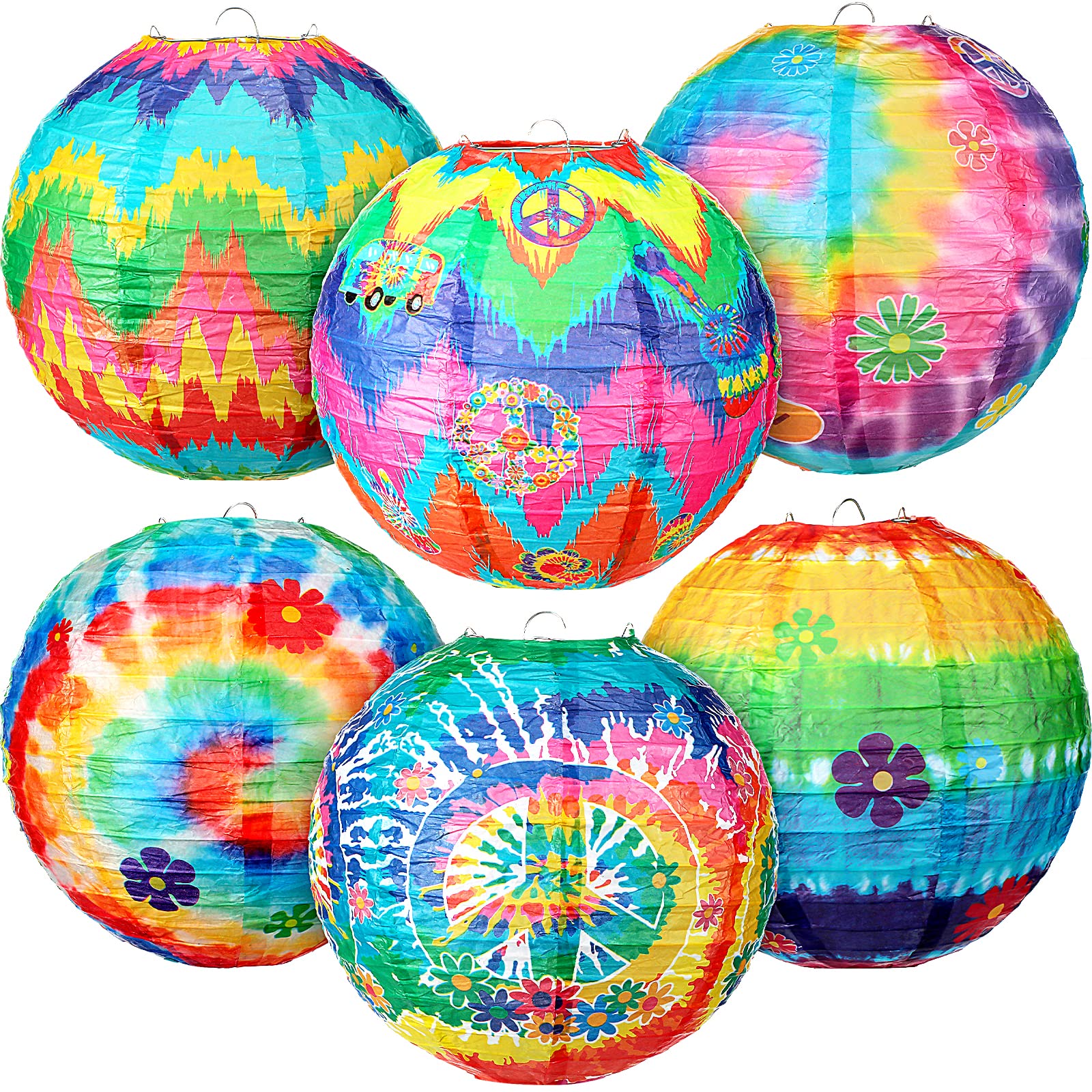 Frienda 6 Pcs Hippie Paper Lanterns, Tie Dyed, Retro Flower & Peace Sign, Decorative for 1960s Party, Metal, Hippie Style
