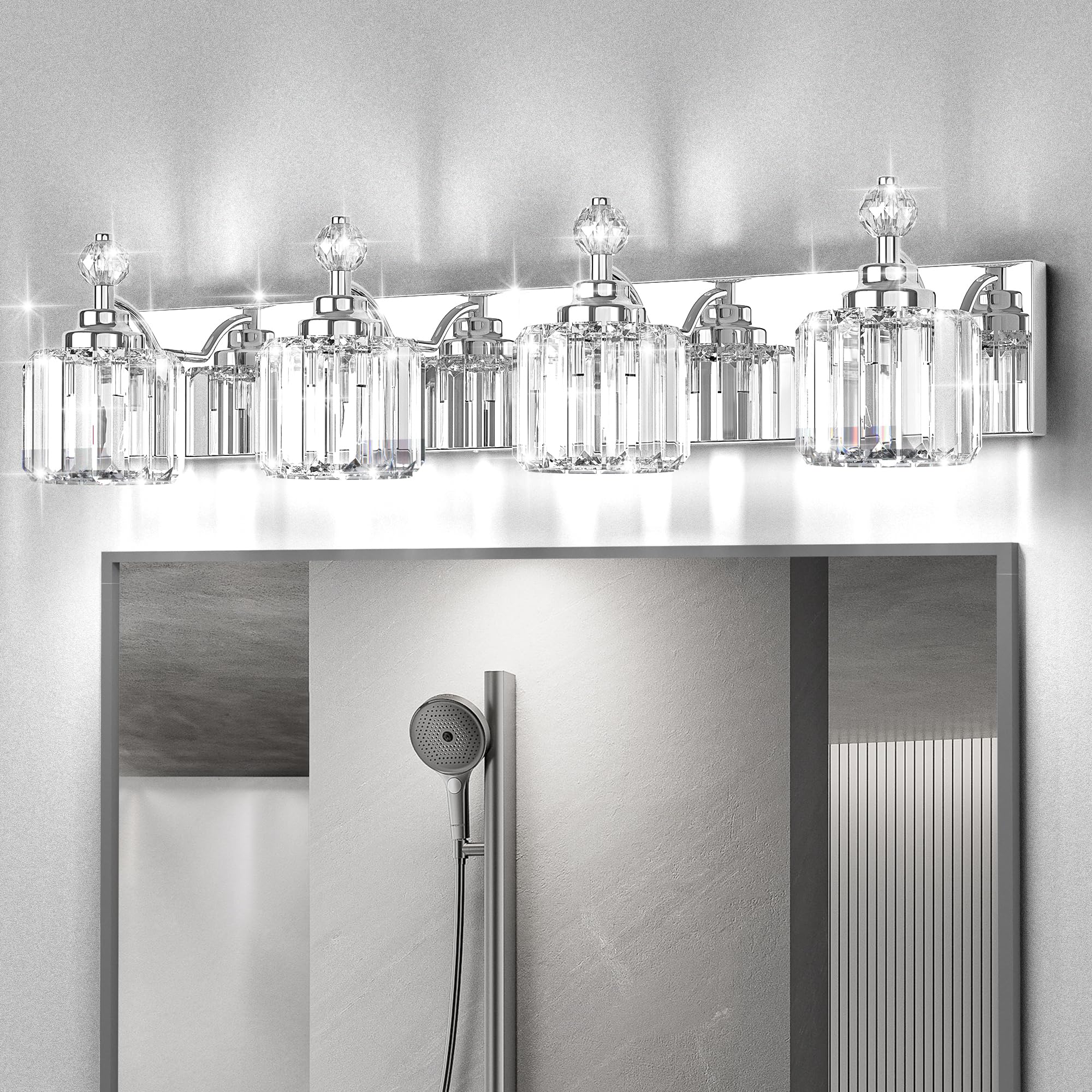 Danshinro 4-Light Bathroom Vanity Light, Chrome, Glass, Model L19, 60W E12 Base, Crystal Lighting Fixtures for Over Mirror
