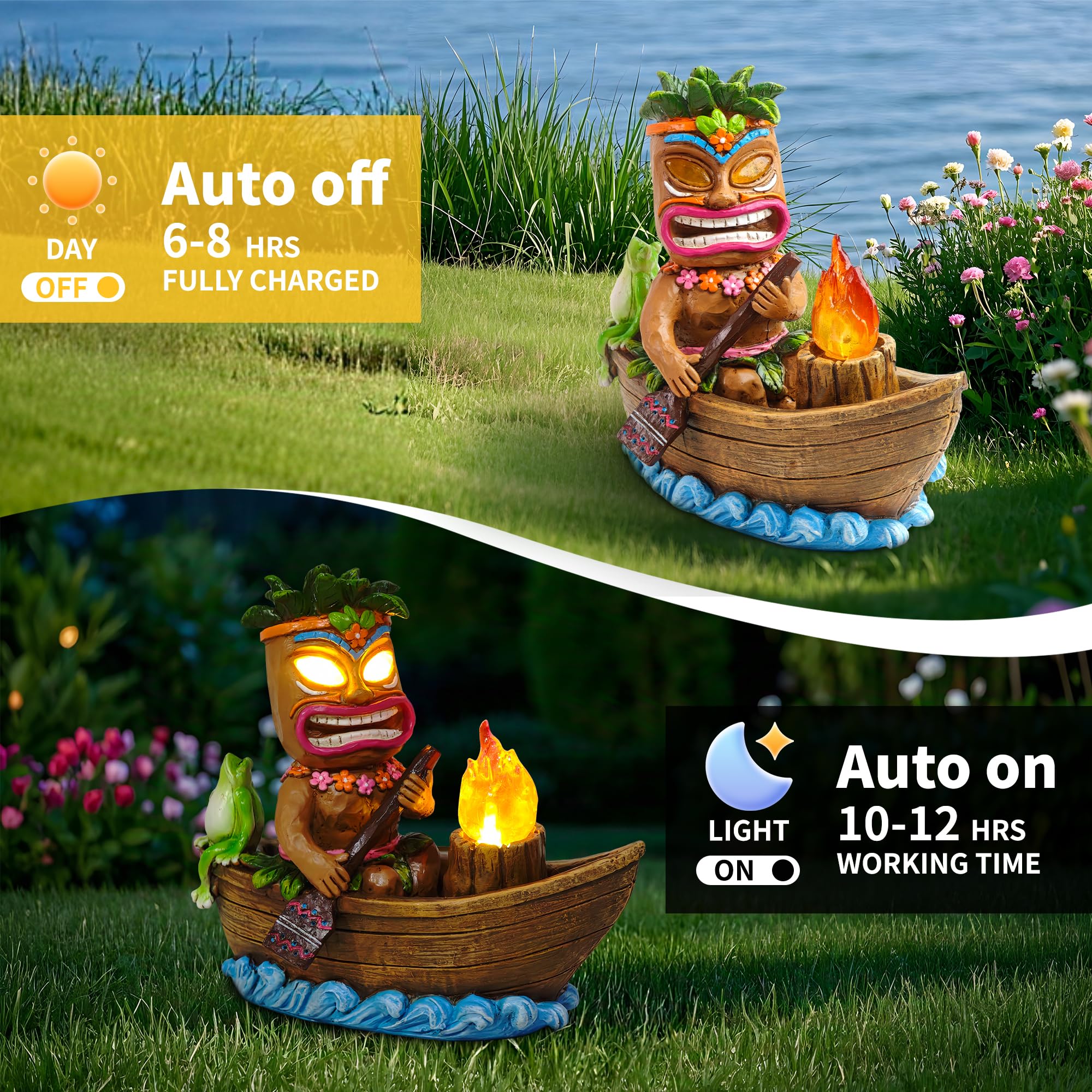 CFFOWNUG Solar Tiki Outdoor Statue - Funny Lawn Decor, Resin, Brown, CF-TIKI003-Boating