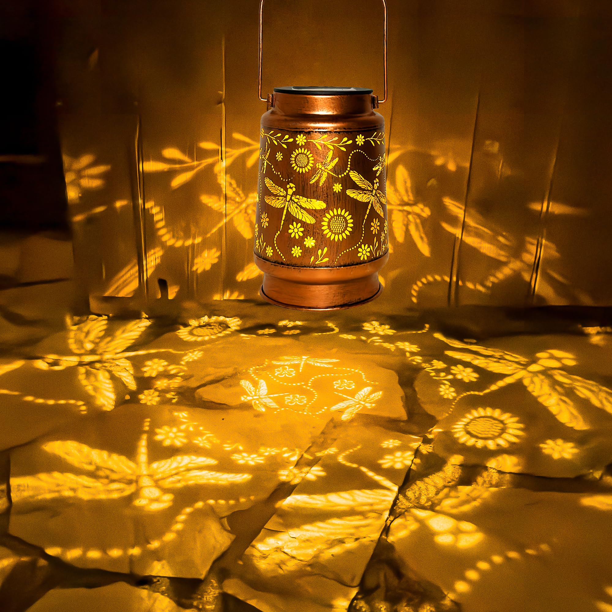Anytalk Dragonfly Solar Lantern - Copper Outdoor Hanging Light For Garden, Patio, Porch, Gifts