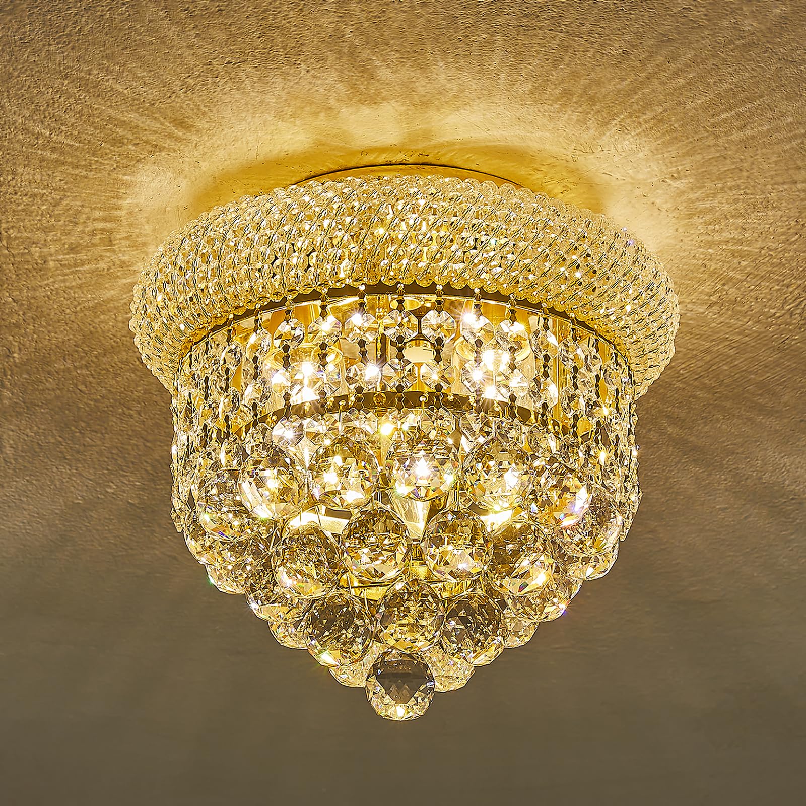 Homeooze 3 - Light Flush Mount Crystal Chandelier for Bathroom Hallway Entryway Closet Bedroom Laundry Gold Finish
