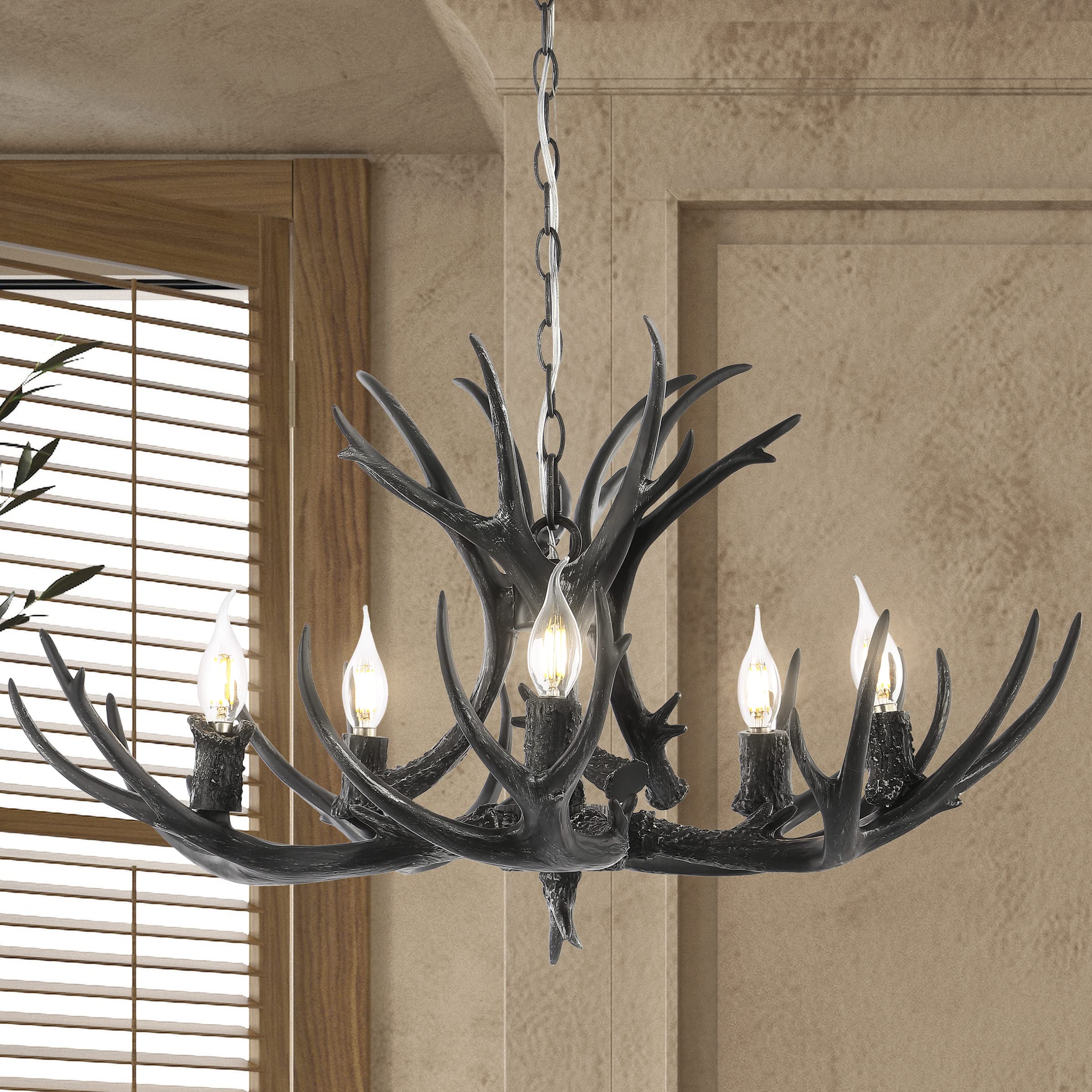 JONATHAN Y Eldora 30" Adjustable 5-Light LED Chandelier, Black Resin, Dimmable, Glam Rustic Transitional Lighting for Dining Room, Living Room, Kitchen