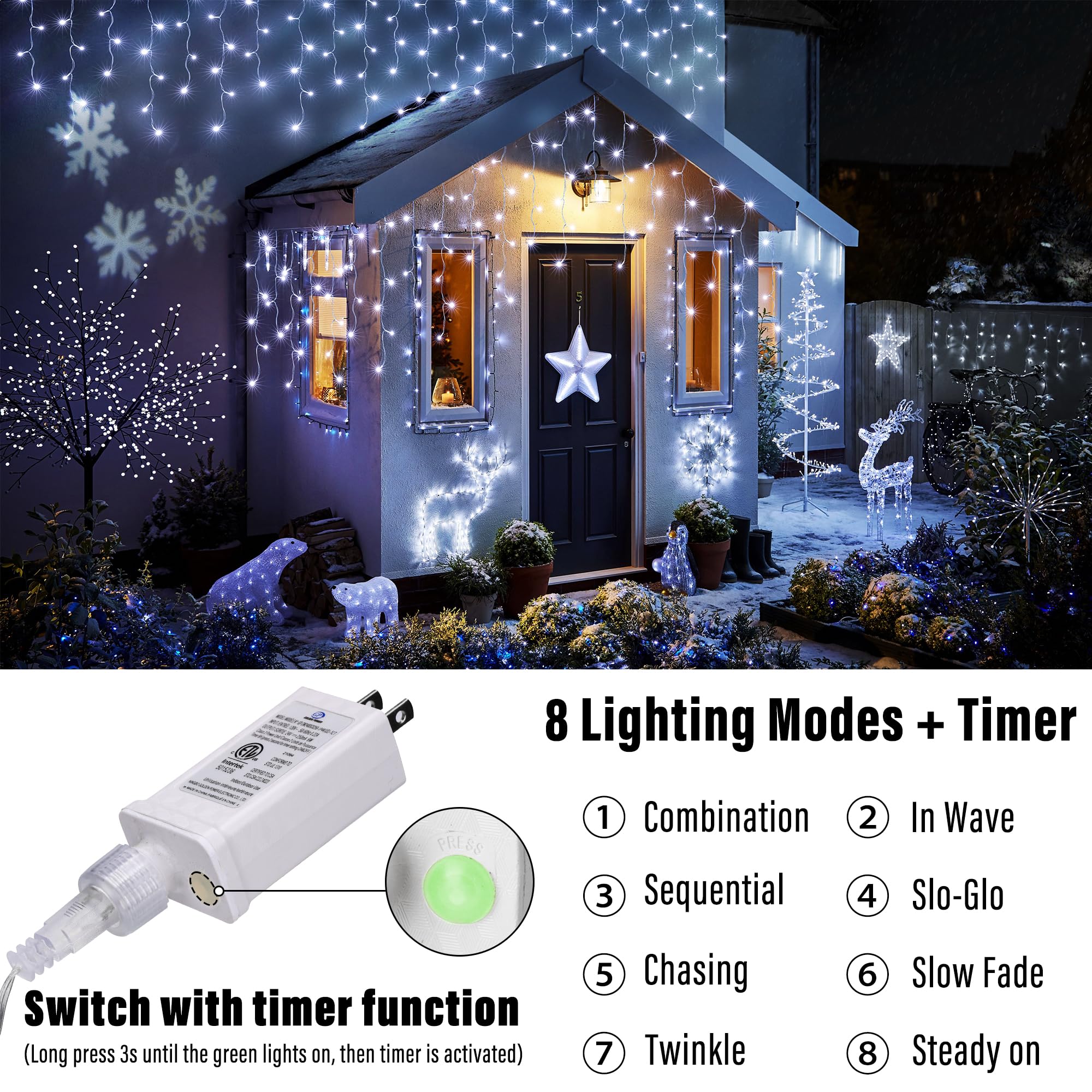 Joomer Christmas Icicle Lights, 32FT, Waterproof, 8 Modes, White, Model SSL0200-I-24V