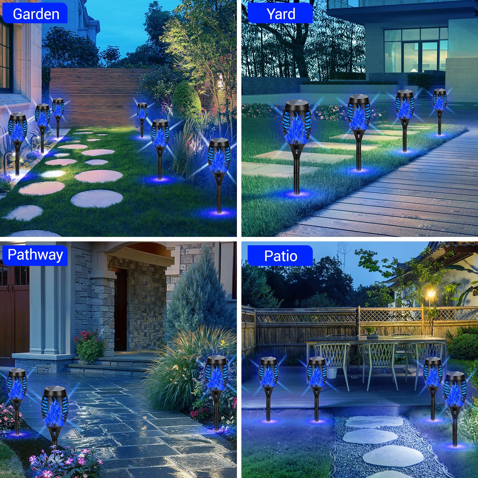 AOUNQ Solar Torch Lights, 16 Pack Blue Waterproof Outdoor Flickering Flame Decor, Plastic, Model 736961377713