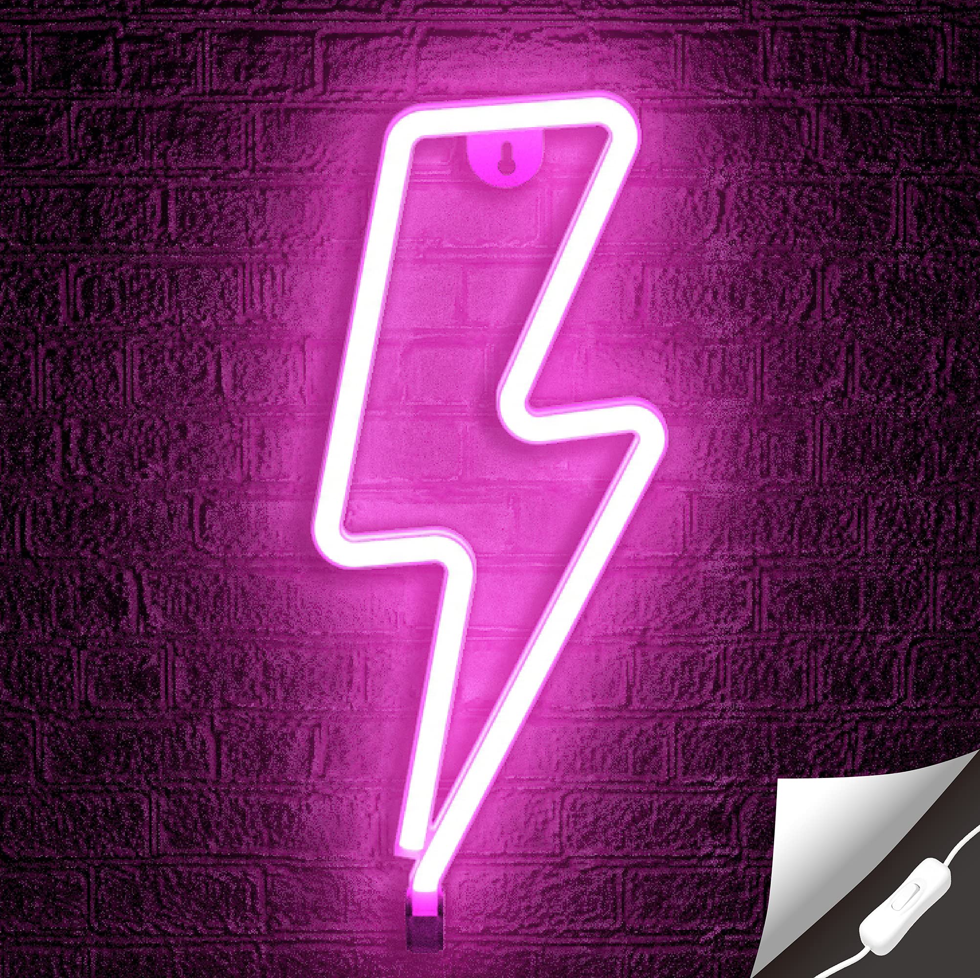 Lumoonosity Neon Lightning Bolt Sign, USB Powered LED Light, On/Off Switch, Pink, Model NSLIGHTNING PINK, Wall Decor for Bedroom, Gaming Room