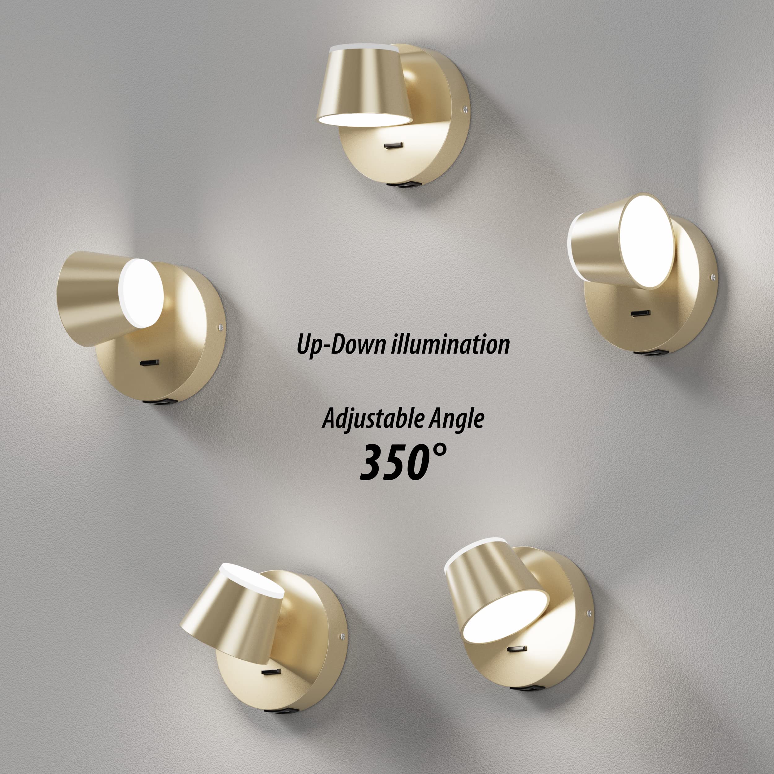 URSOLA LED Wall Sconce with On/Off Switch, USB Charging Port, 1 PC Hardwired, Metal, Champaign, Model 7540-1T