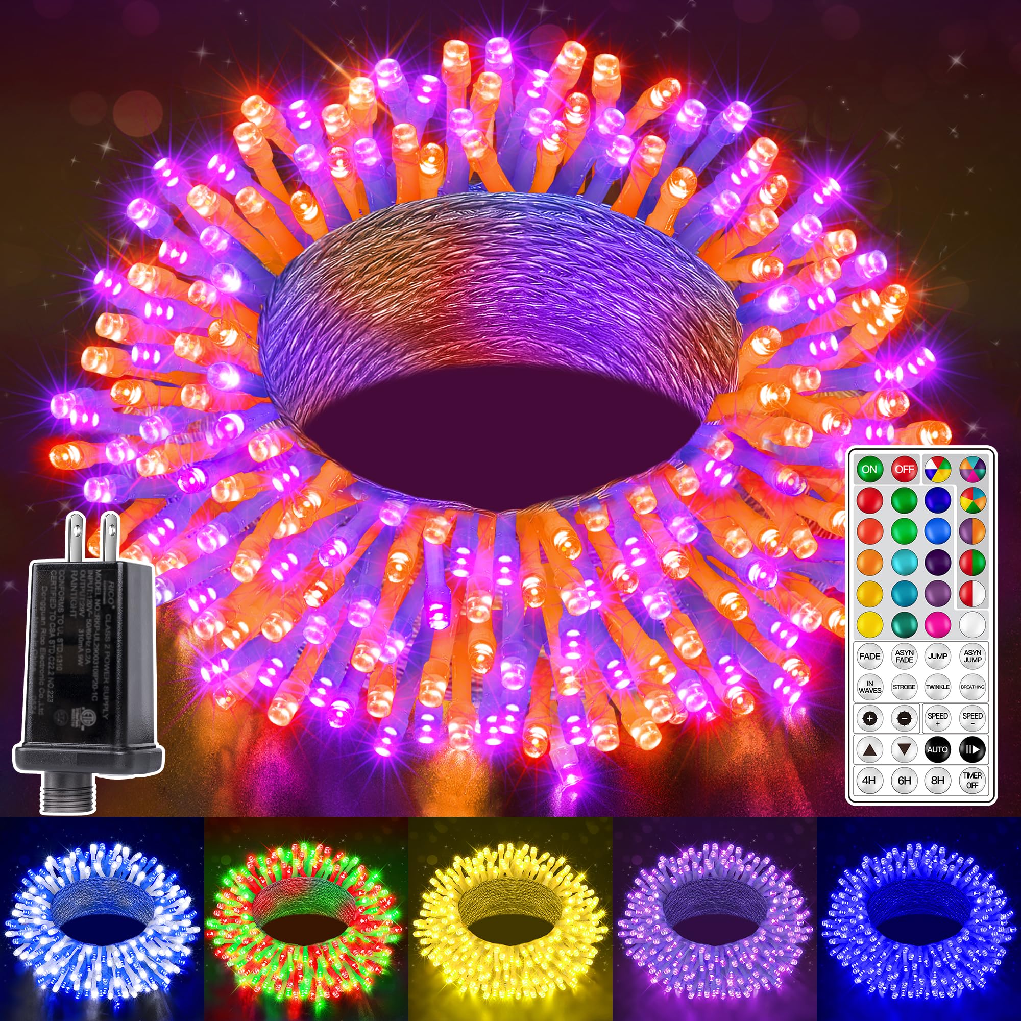 Ollny RGB Christmas Lights 100 LEDs 33 FT Clear Wire Connectable Outdoor String Lights with Remote & Timer, Model NYA0100B